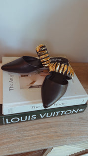 Black and Gold Chunky Strap Pointed Flats