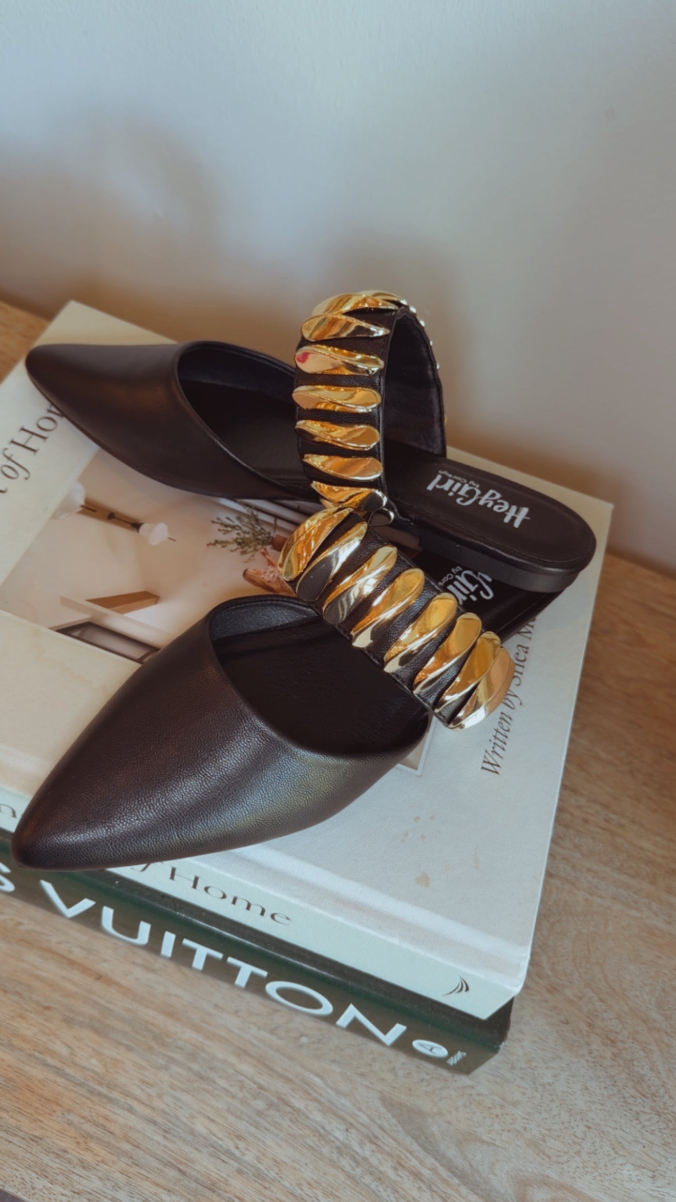 Black and Gold Chunky Strap Pointed Flats