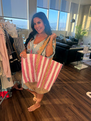 Large Pink and Ivory Pol Tote Bag