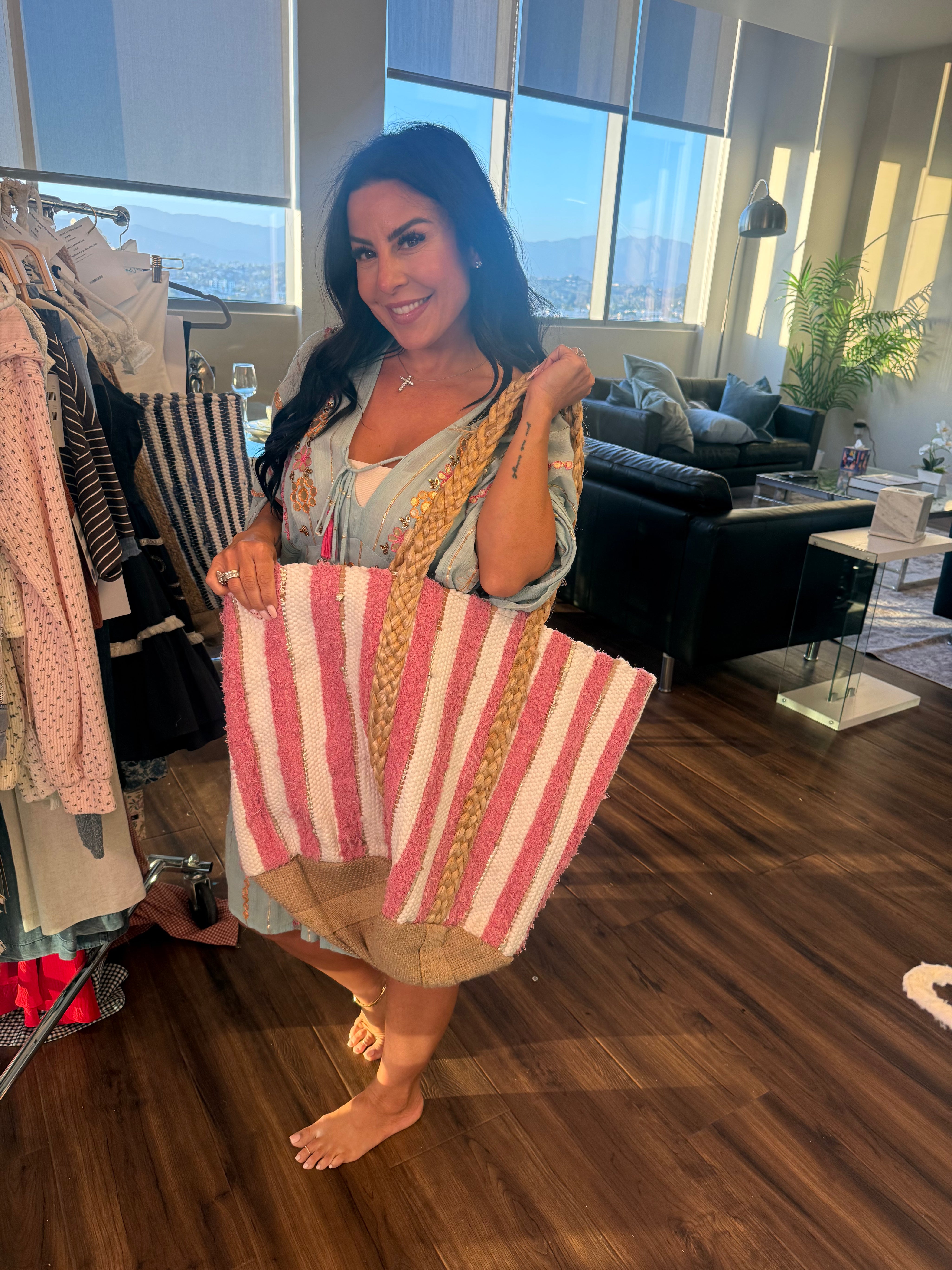 Large Pink and Ivory Pol Tote Bag