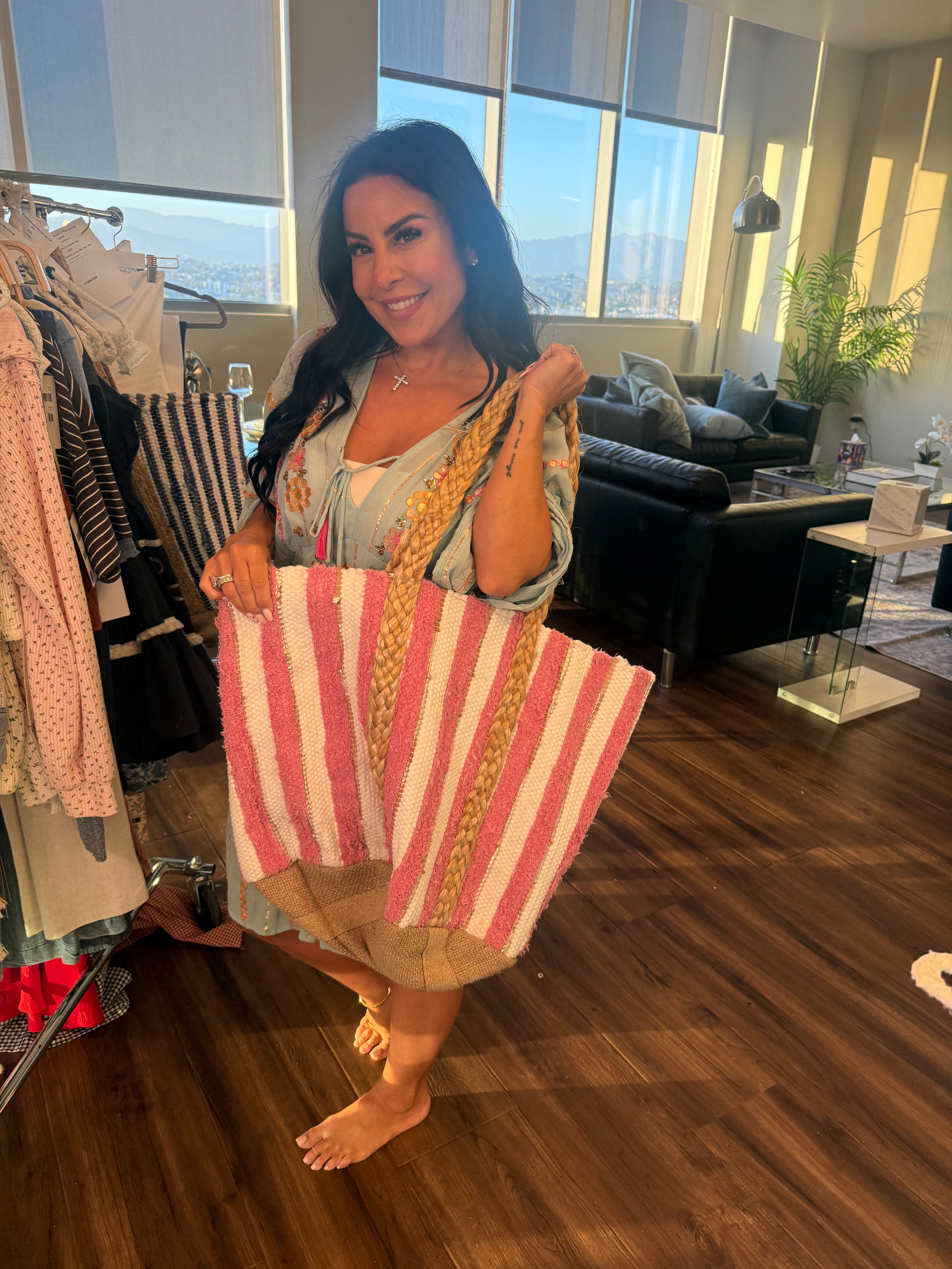 Large Pink and Ivory Pol Tote Bag