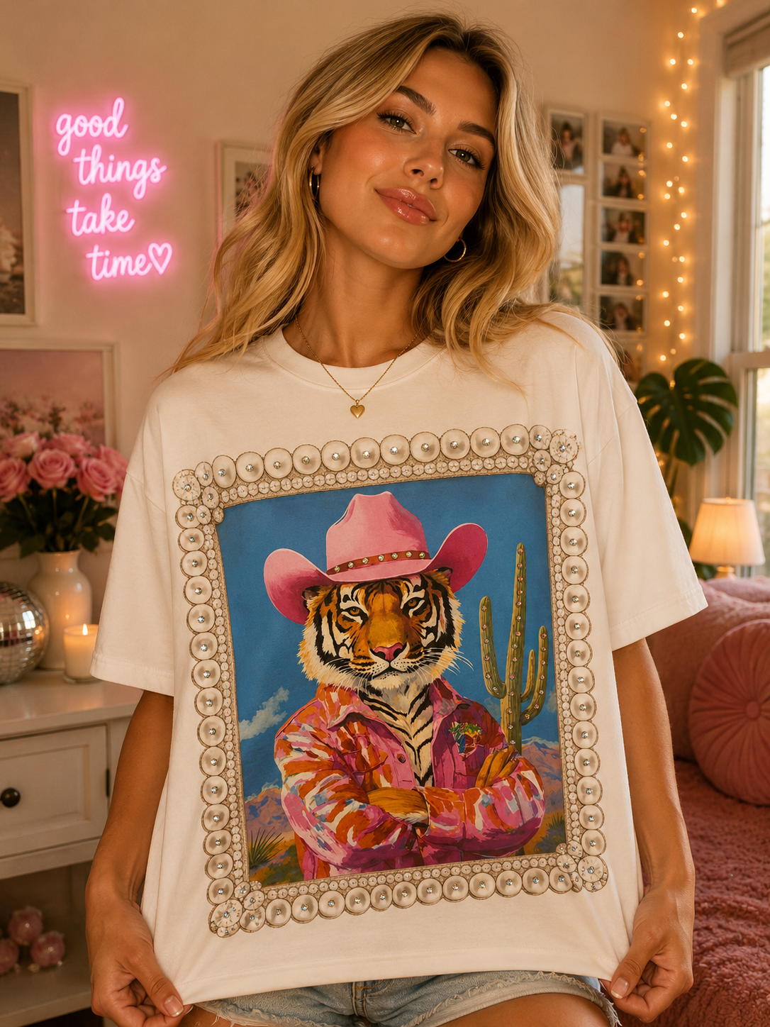 Cowboy Tiger White Graphic Tee 1198