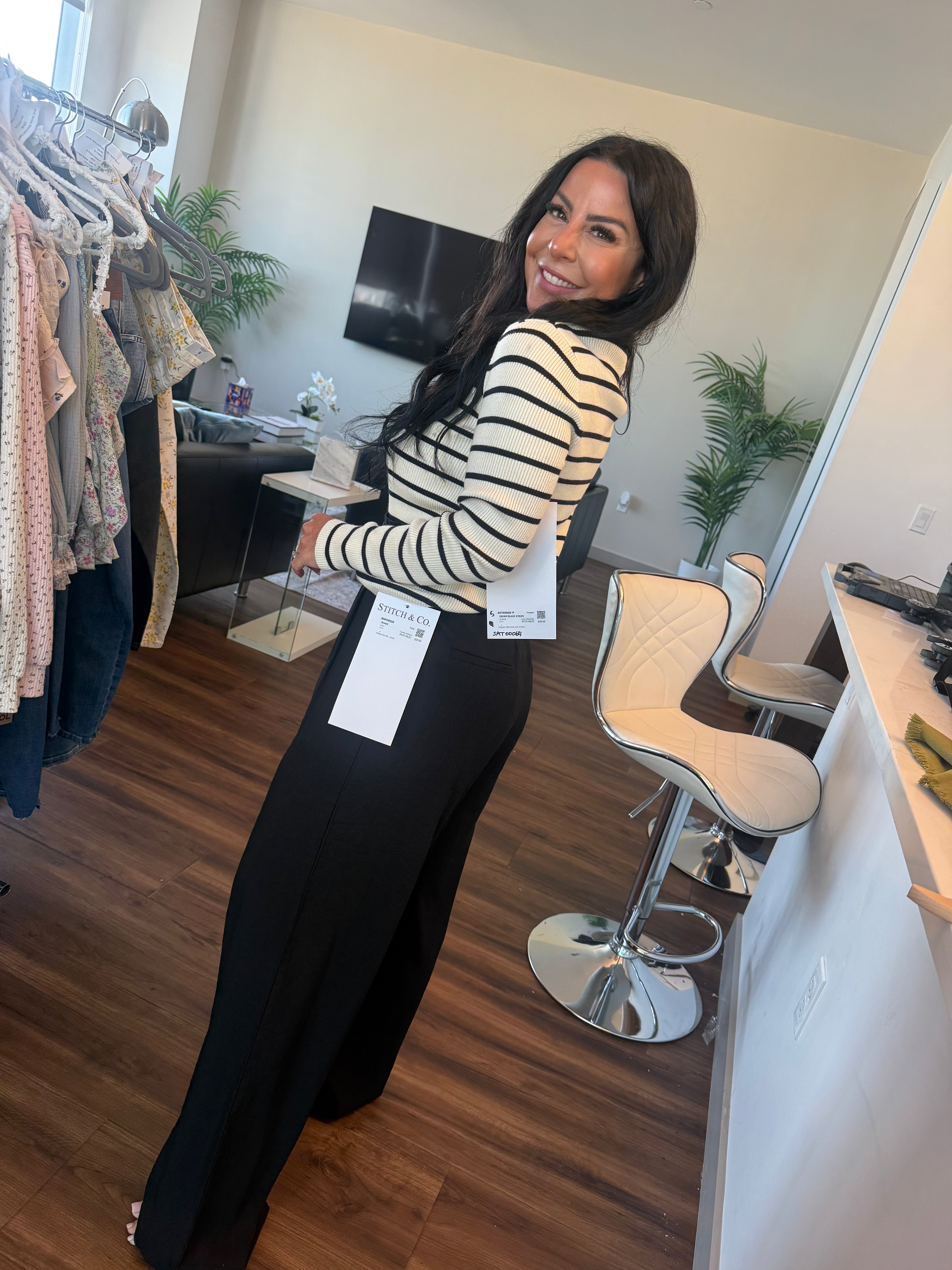 Stitch and Co Cream And Black Striped Button Up Sweater