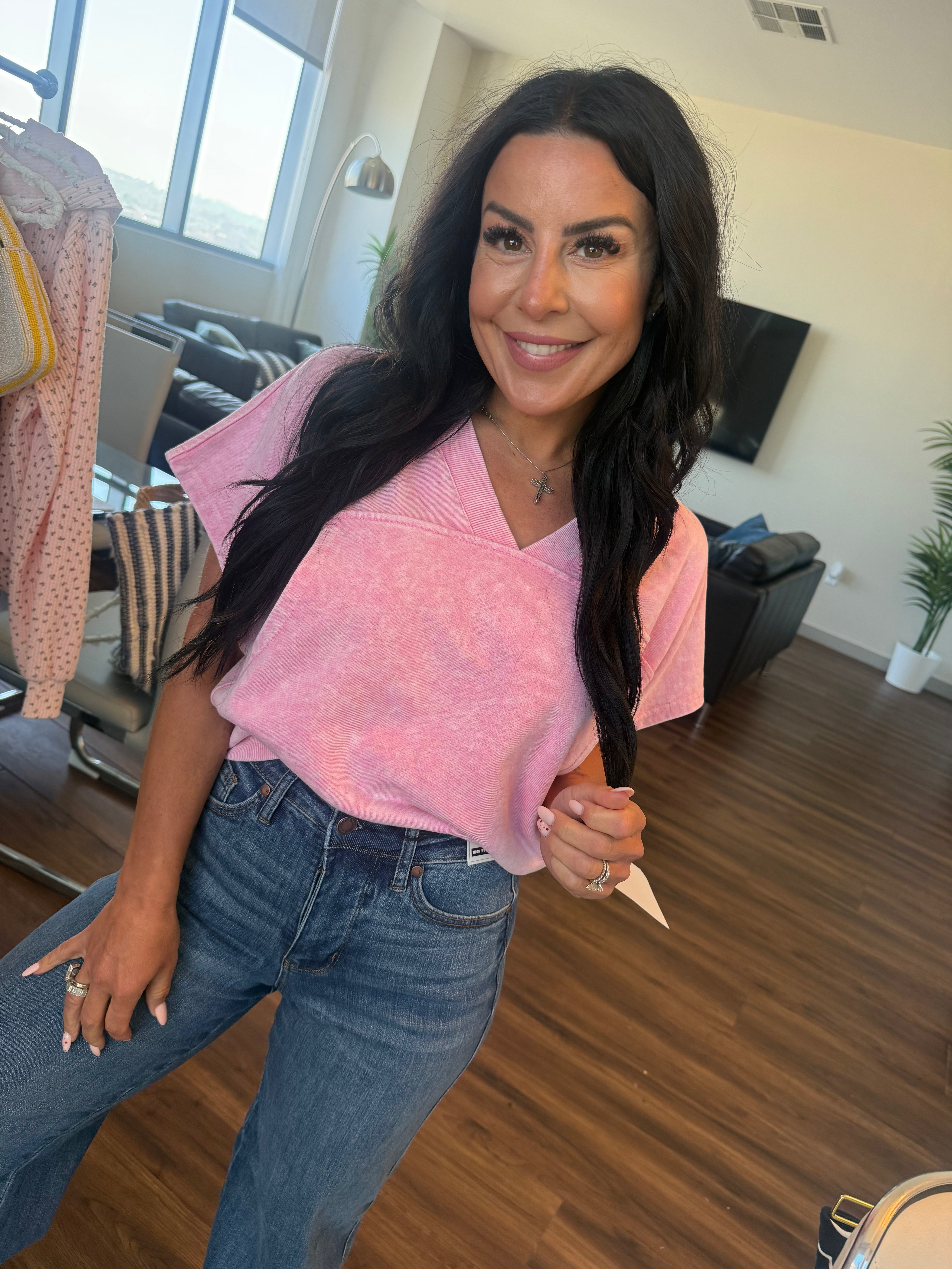 Stitch and Co Chic Washed Pink Pocket Crop Crewneck