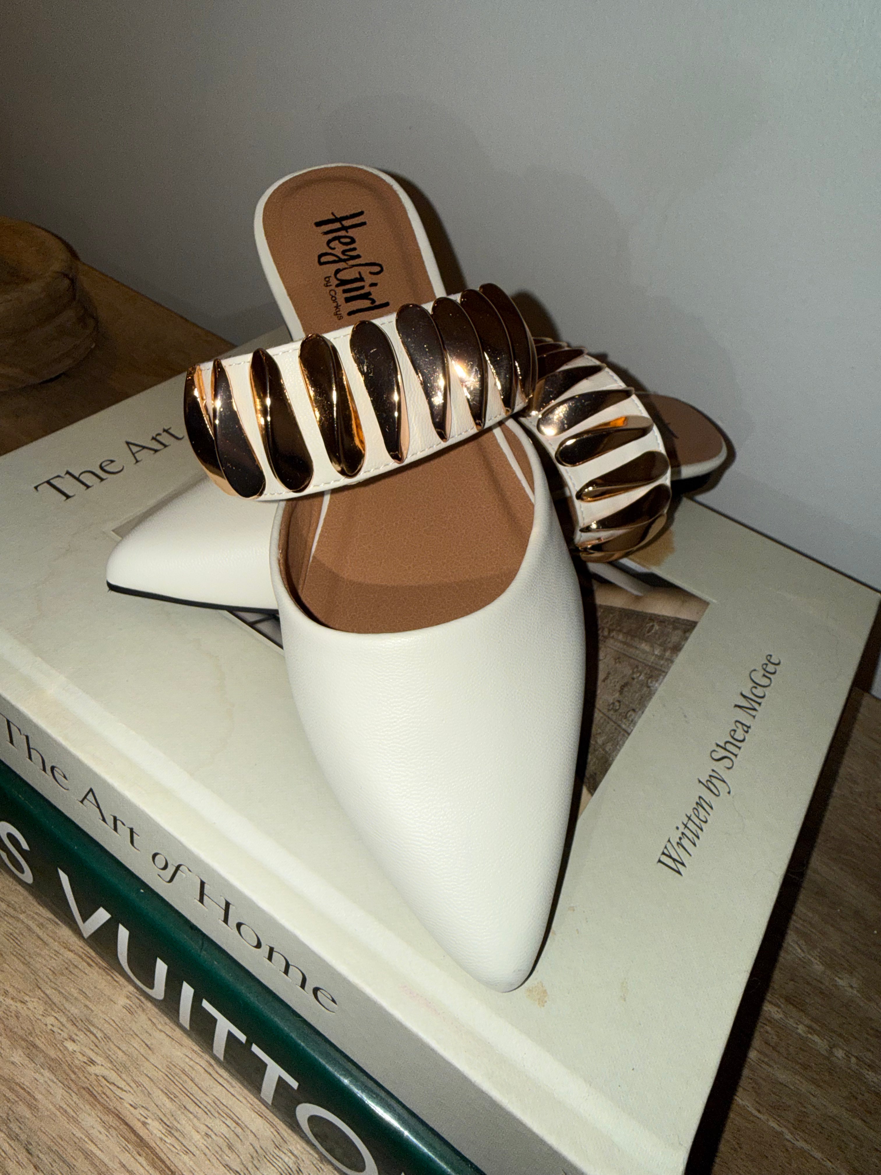 Ivory and Gold Chunky Strap Flats