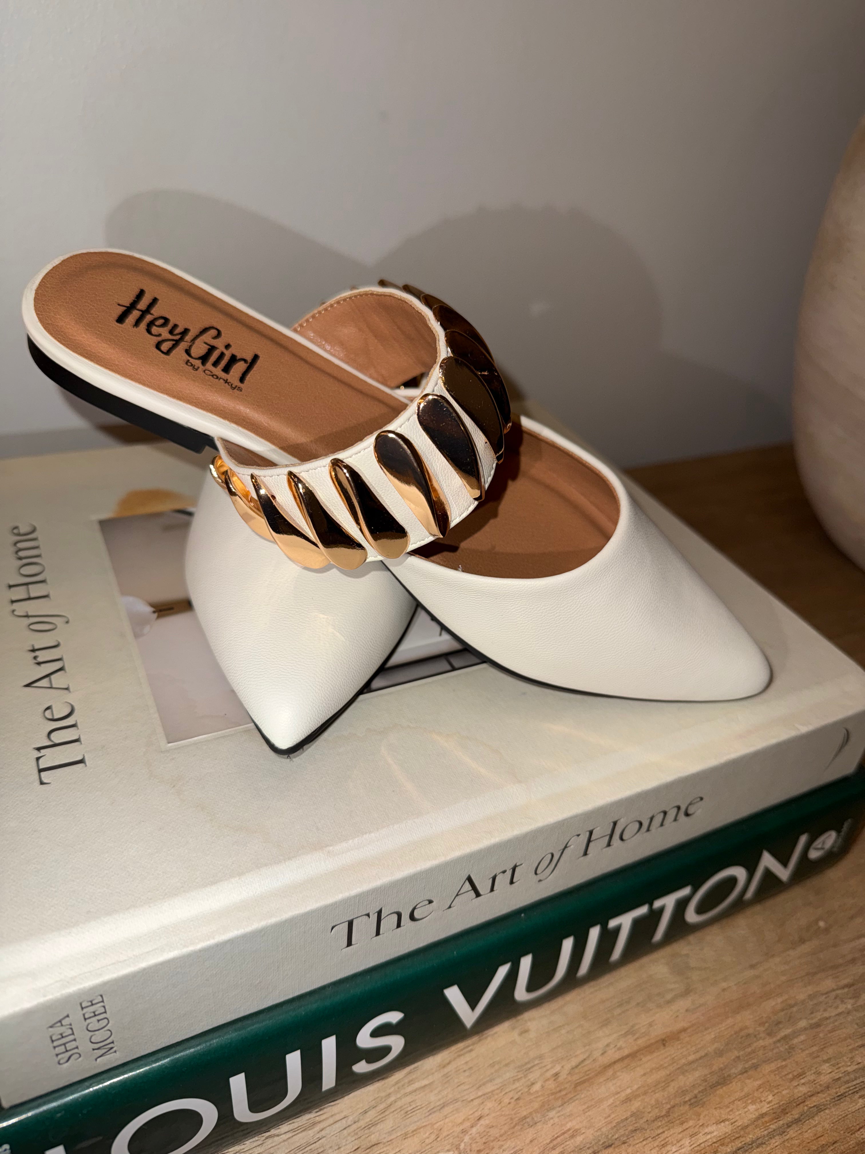 Ivory and Gold Chunky Strap Flats