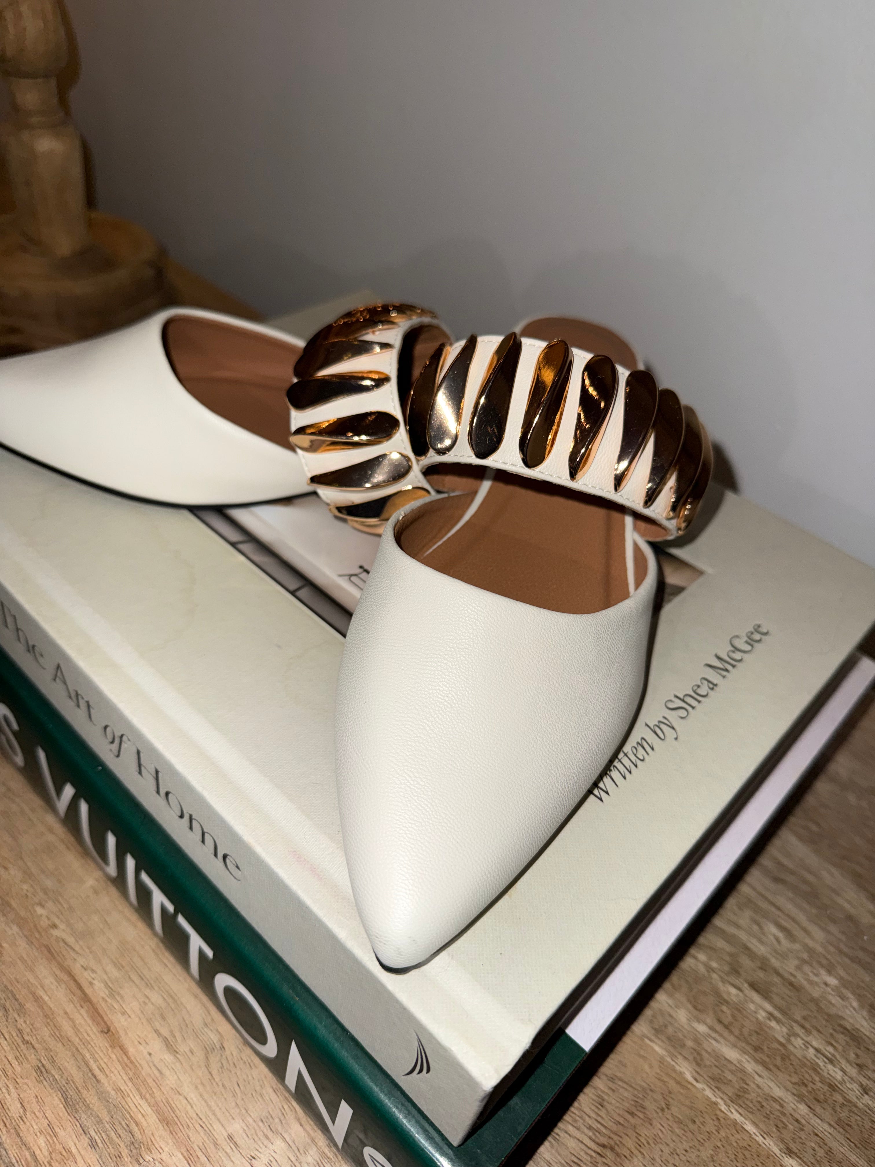 Ivory and Gold Chunky Strap Flats
