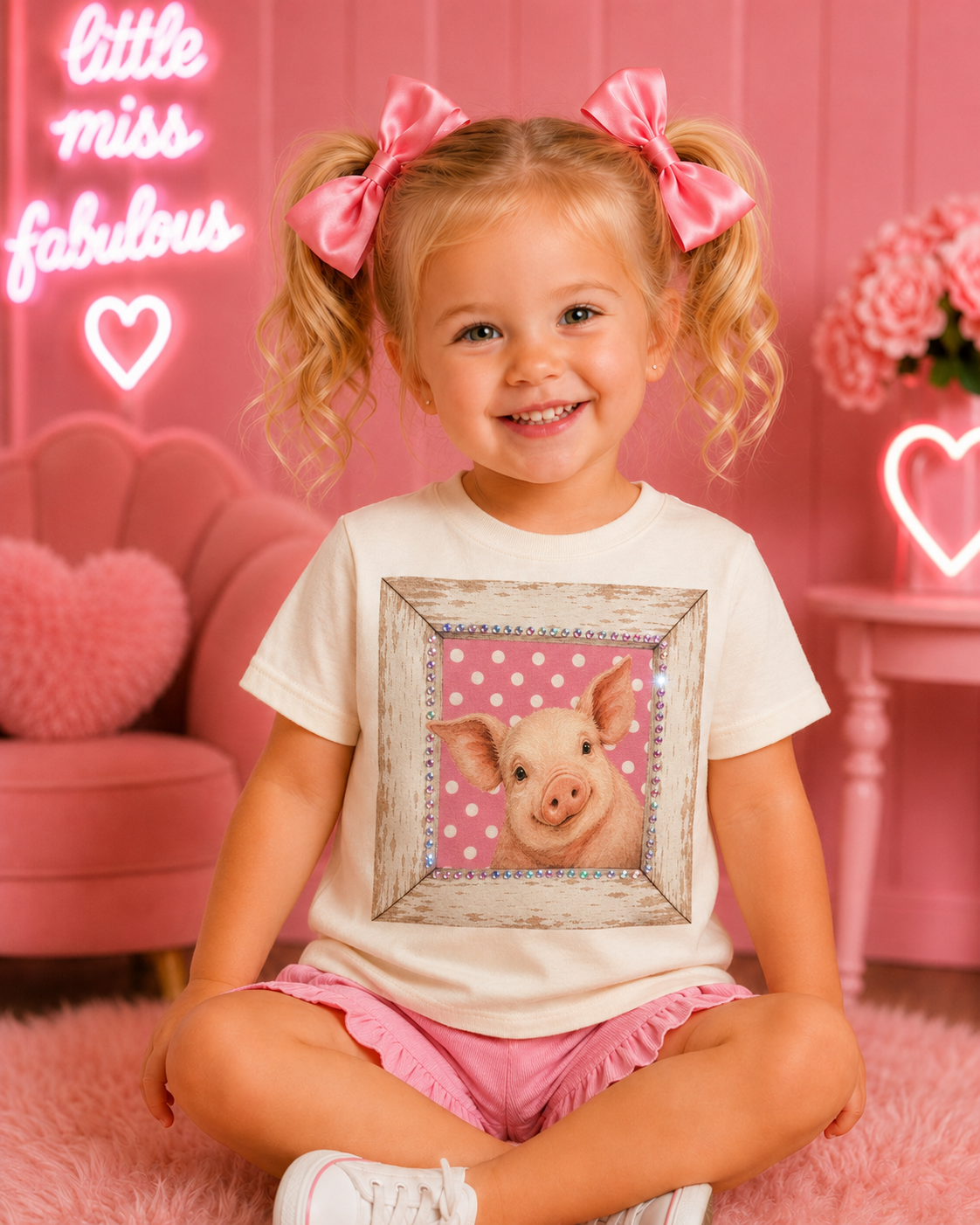 Piggy Polka Dot Frame Cream Kids Graphic Tee 191K