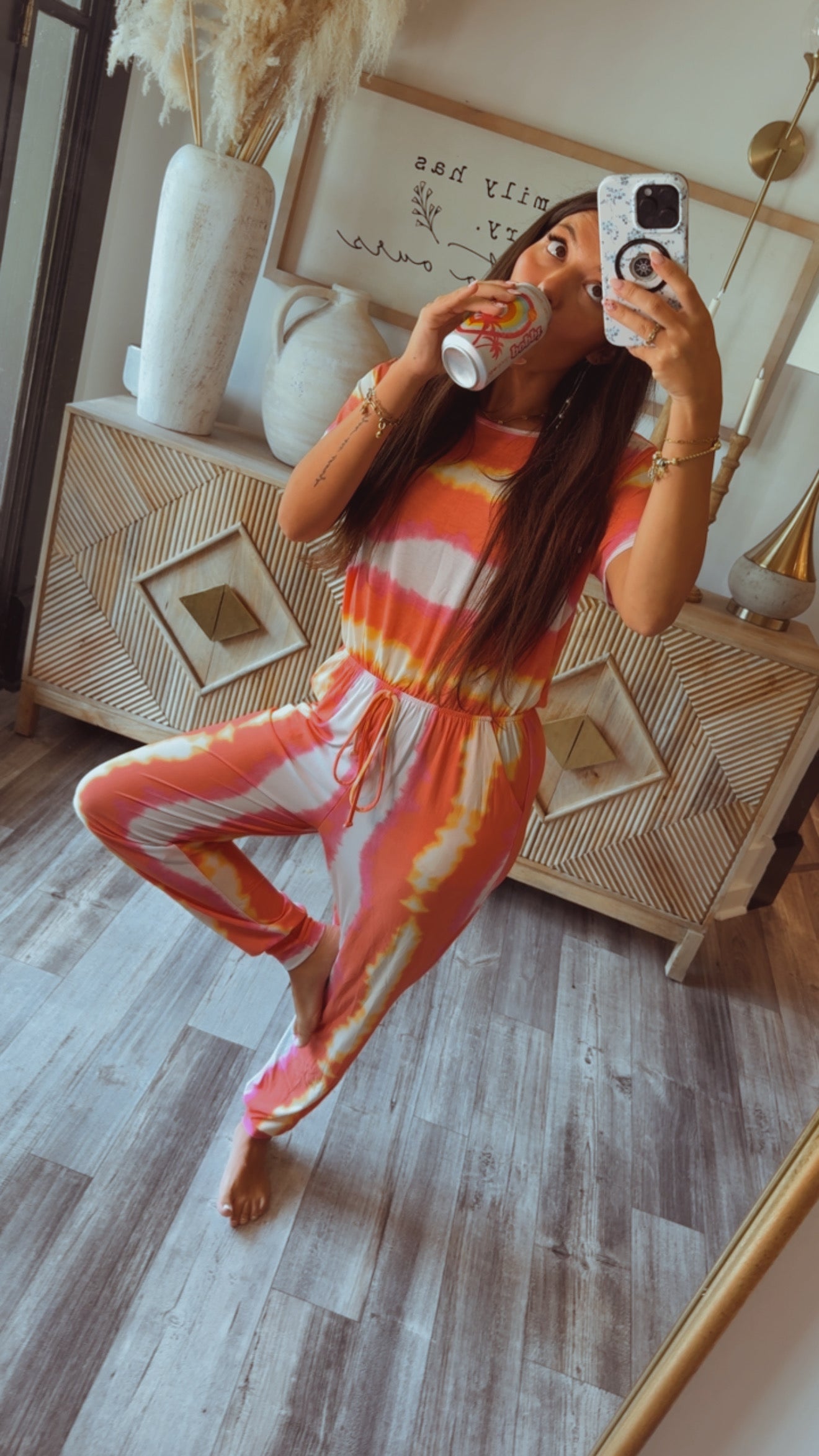 Orange and Pink Striped Short Sleeve Jumpsuit