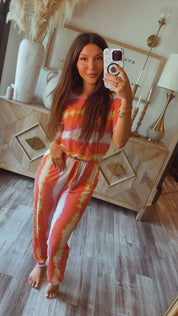Orange and Pink Striped Short Sleeve Jumpsuit