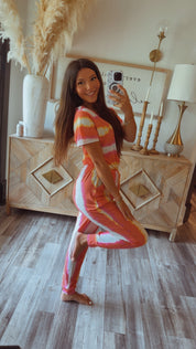 Orange and Pink Striped Short Sleeve Jumpsuit
