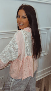 POL Baby Pink and White Ballon Sleeve Hoodie