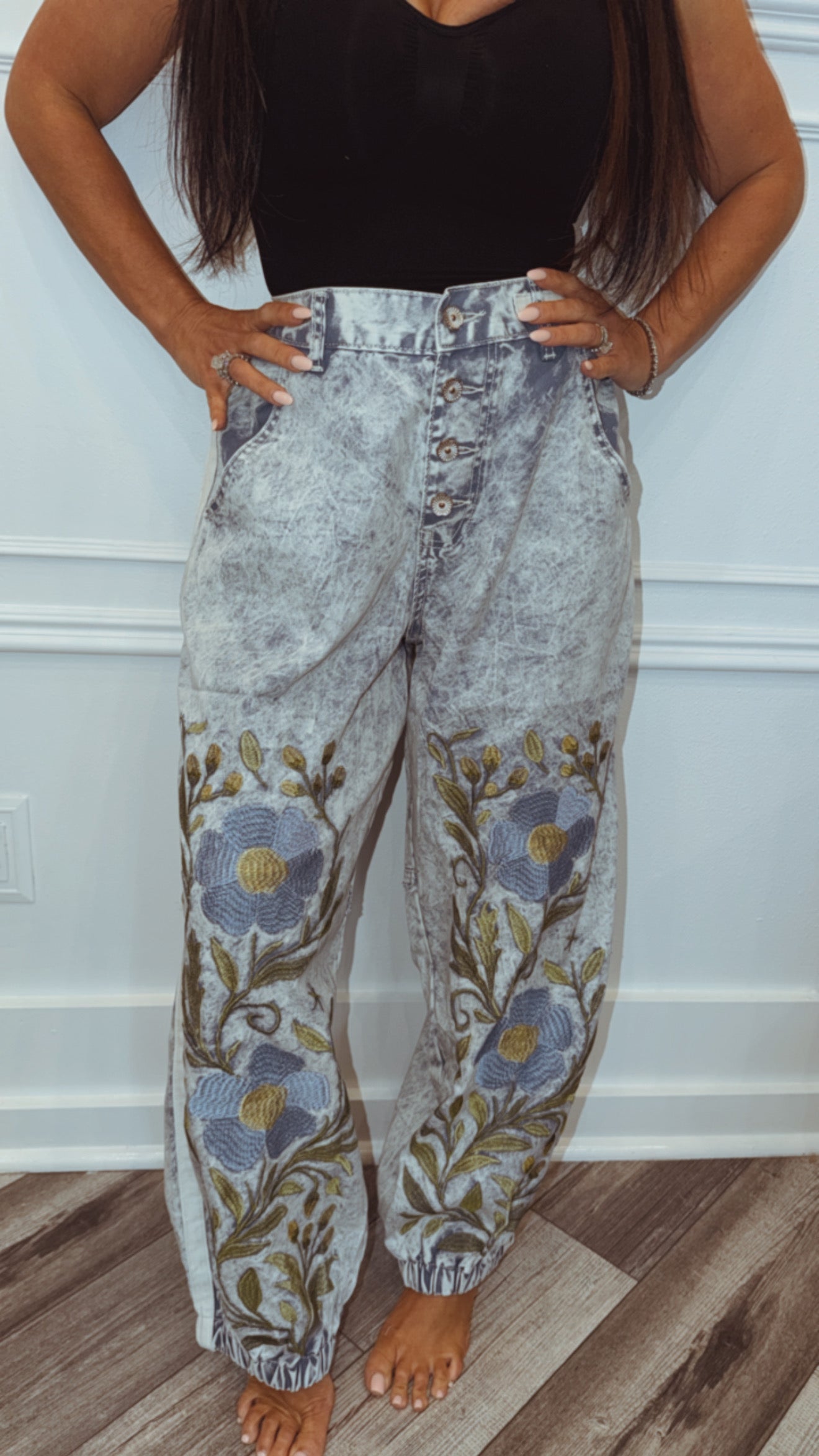 POL Blue Denim And Floral Pants