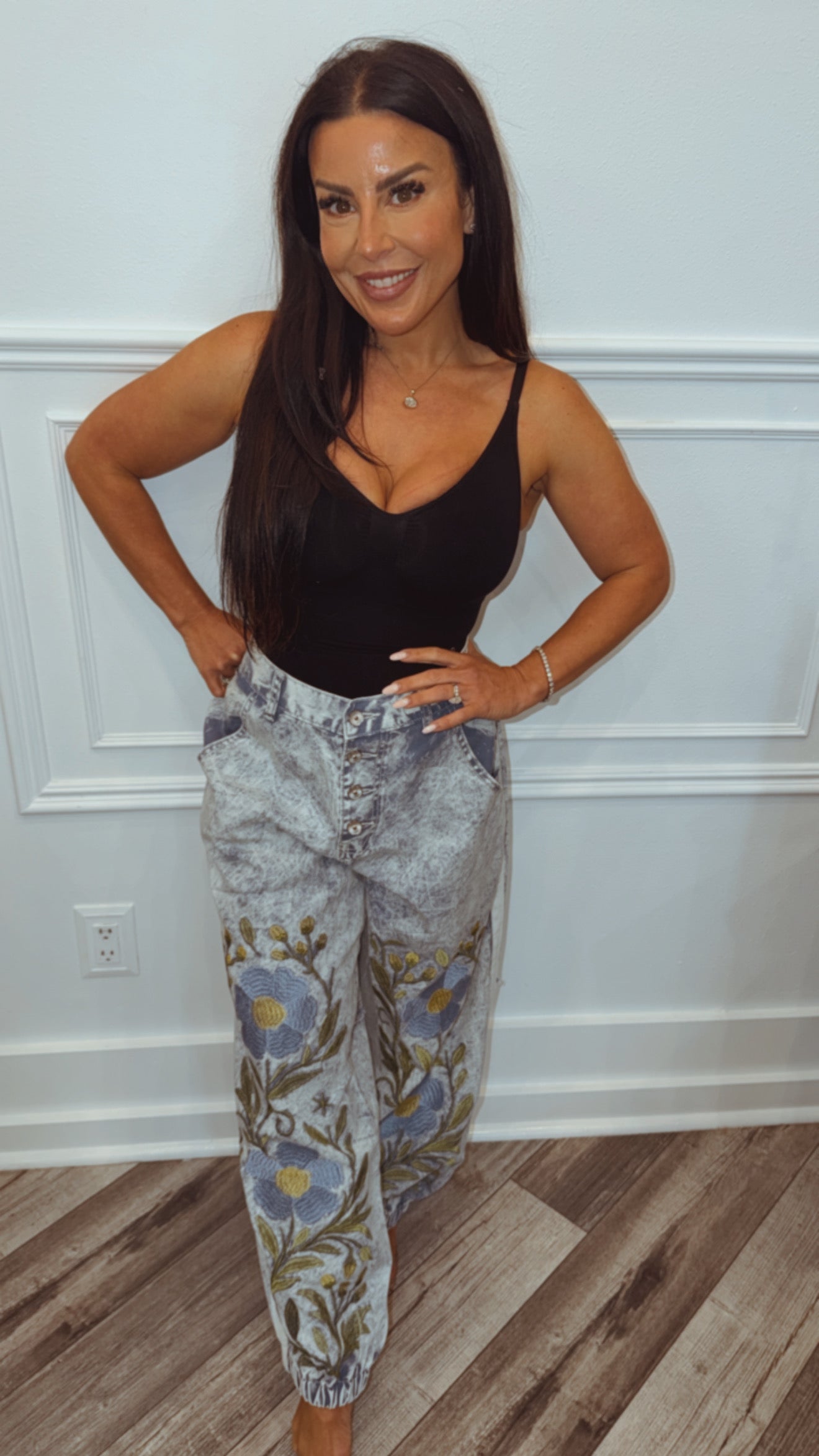 POL Blue Denim And Floral Pants