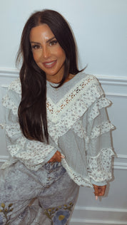 POL Mint Sage and Floral Boho Long Sleeve Top
