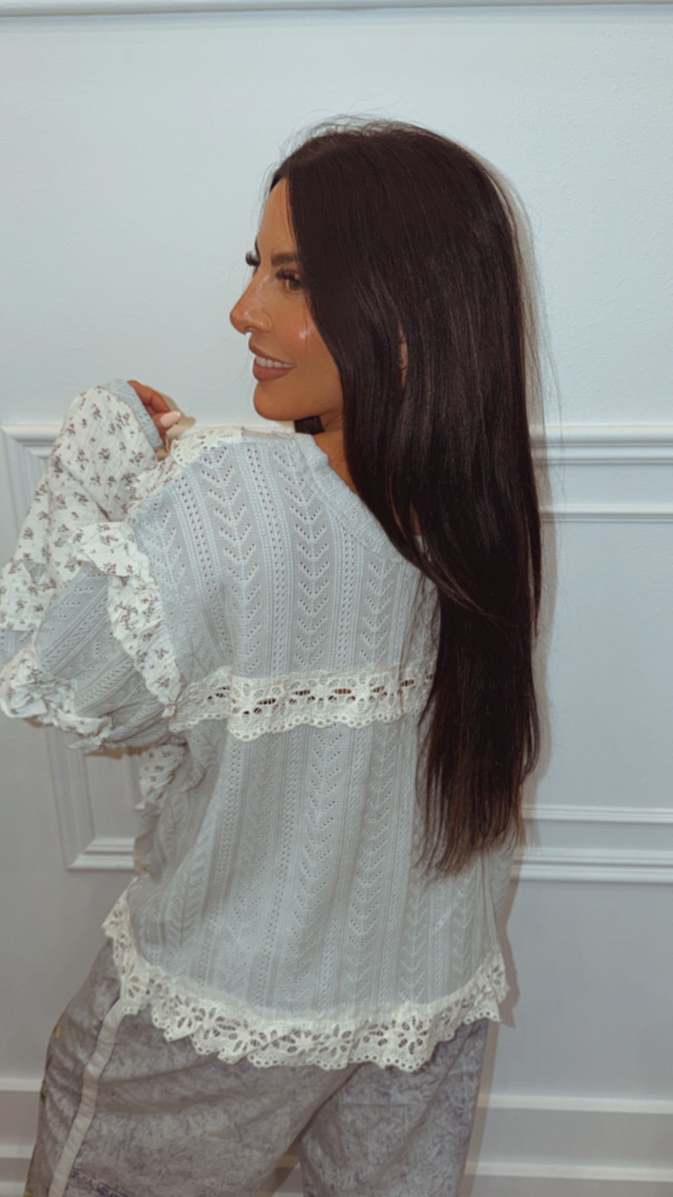POL Mint Sage and Floral Boho Long Sleeve Top