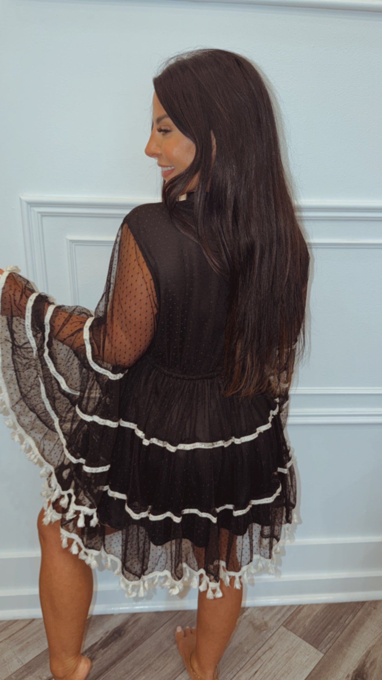 POL Sassy Black And Cream Lace Sleeve Dress