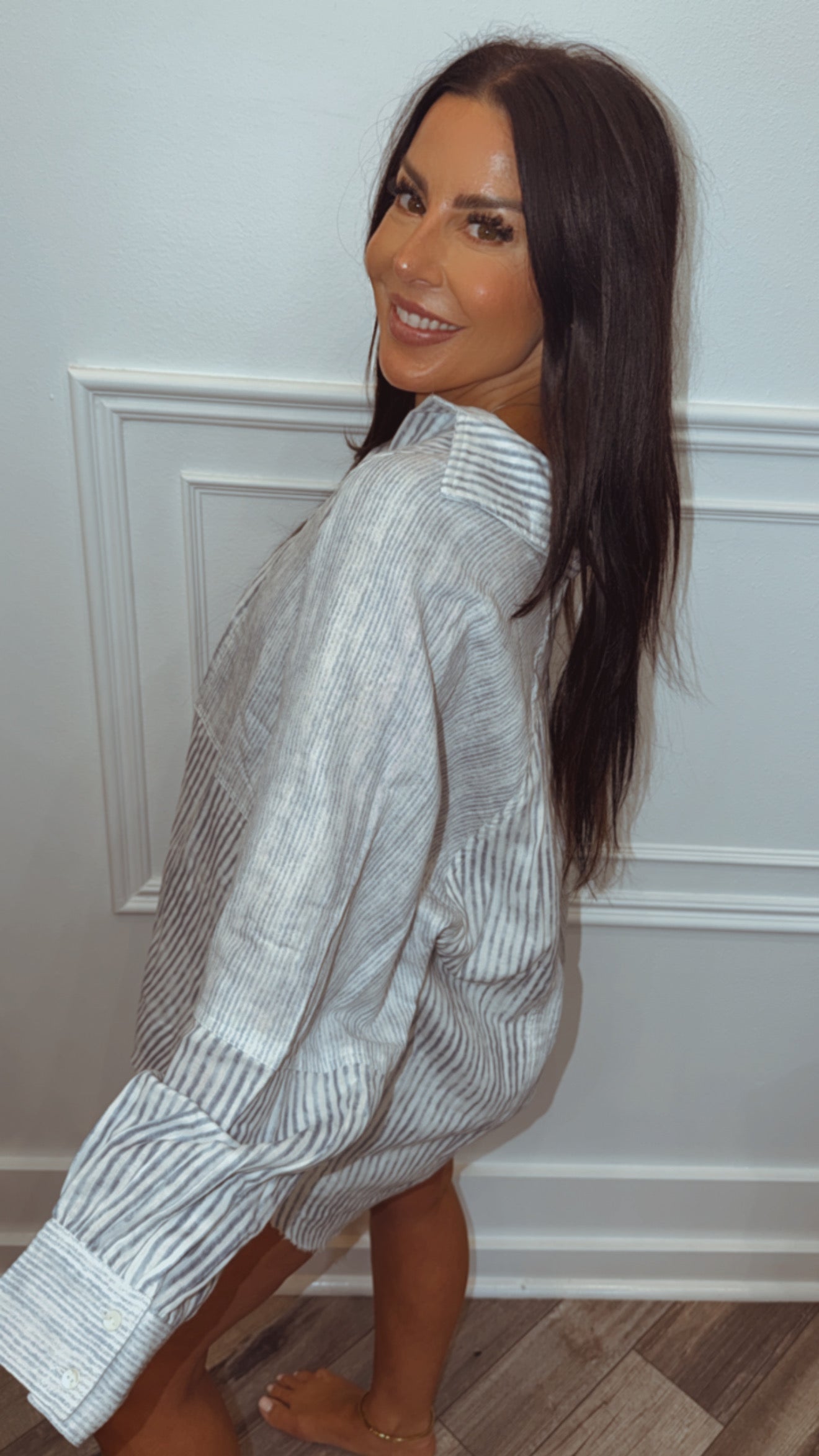 POL Blue Striped Button Up Long Sleeve Top
