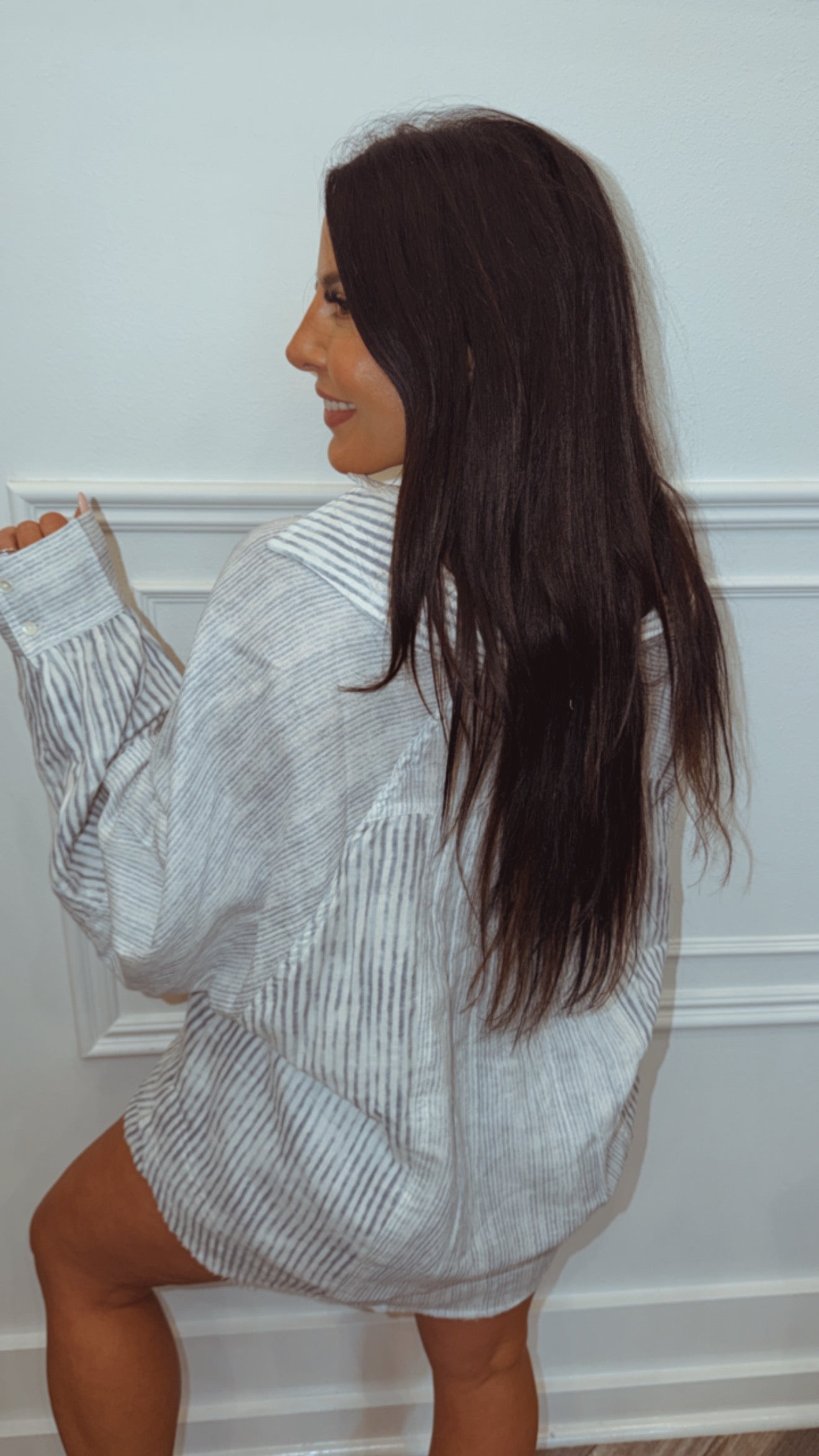 POL Blue Striped Button Up Long Sleeve Top