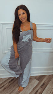 POL Denim and Patchwork Overalls