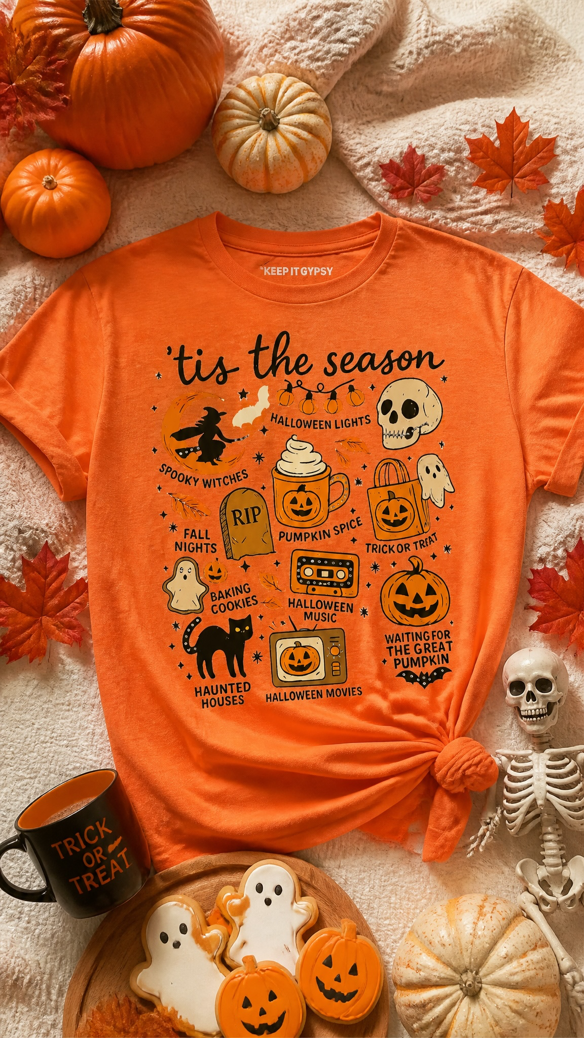Orange and Black Tis The Season Halloween Graphic Bling Top Top