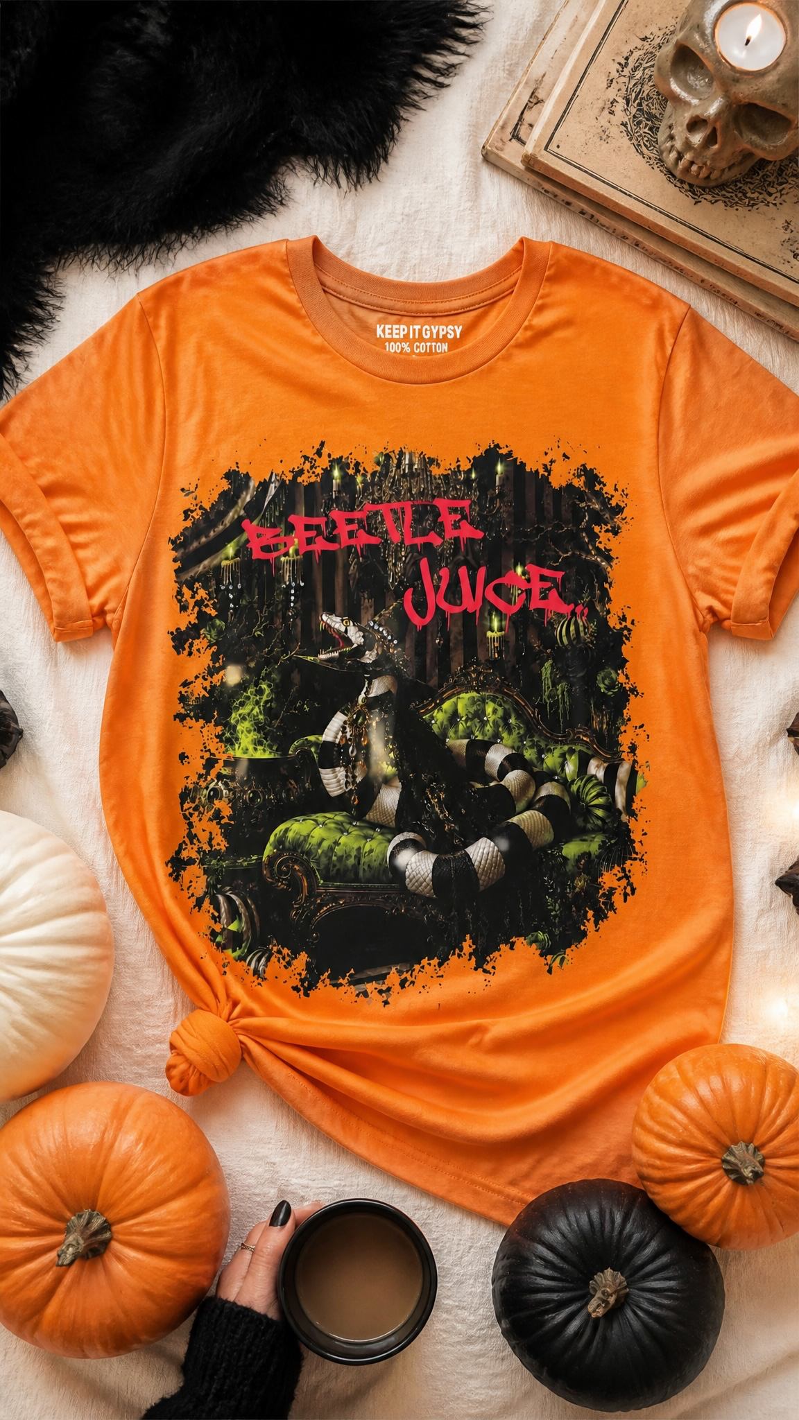 Orange and Black Beetle Halloween Graphic Bling Top Top
