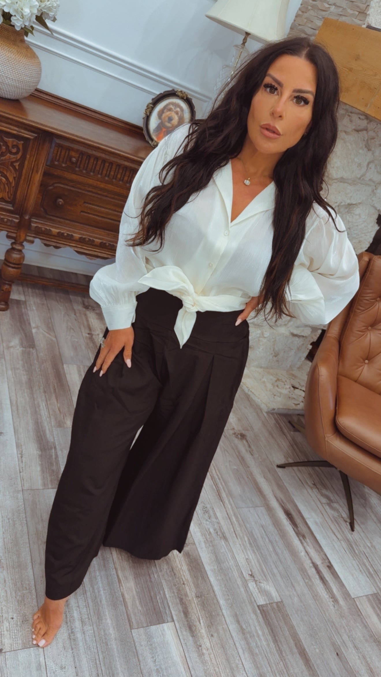 Cream Shimmering Collared Long Sleeve Top