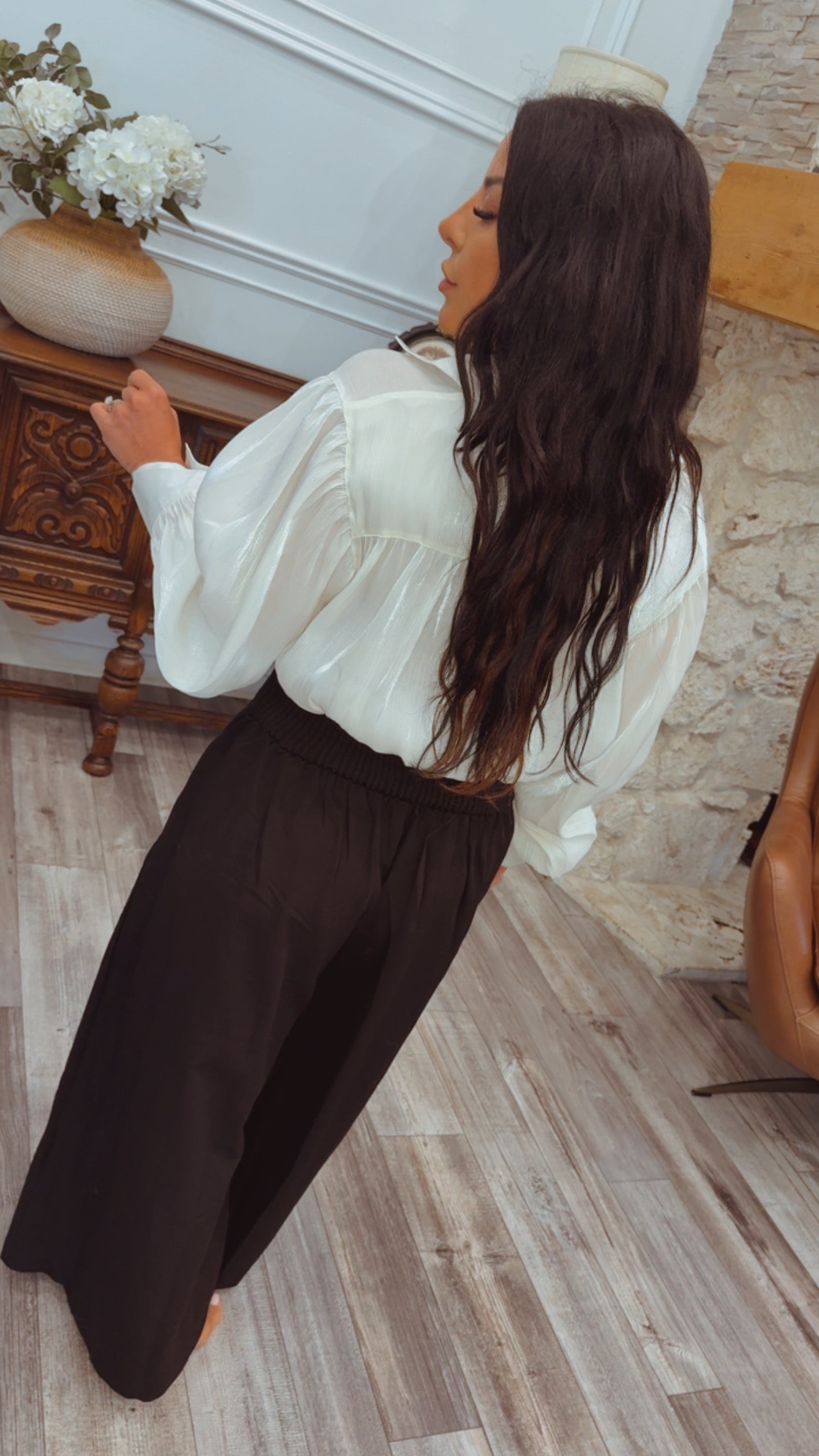 Cream Shimmering Collared Long Sleeve Top