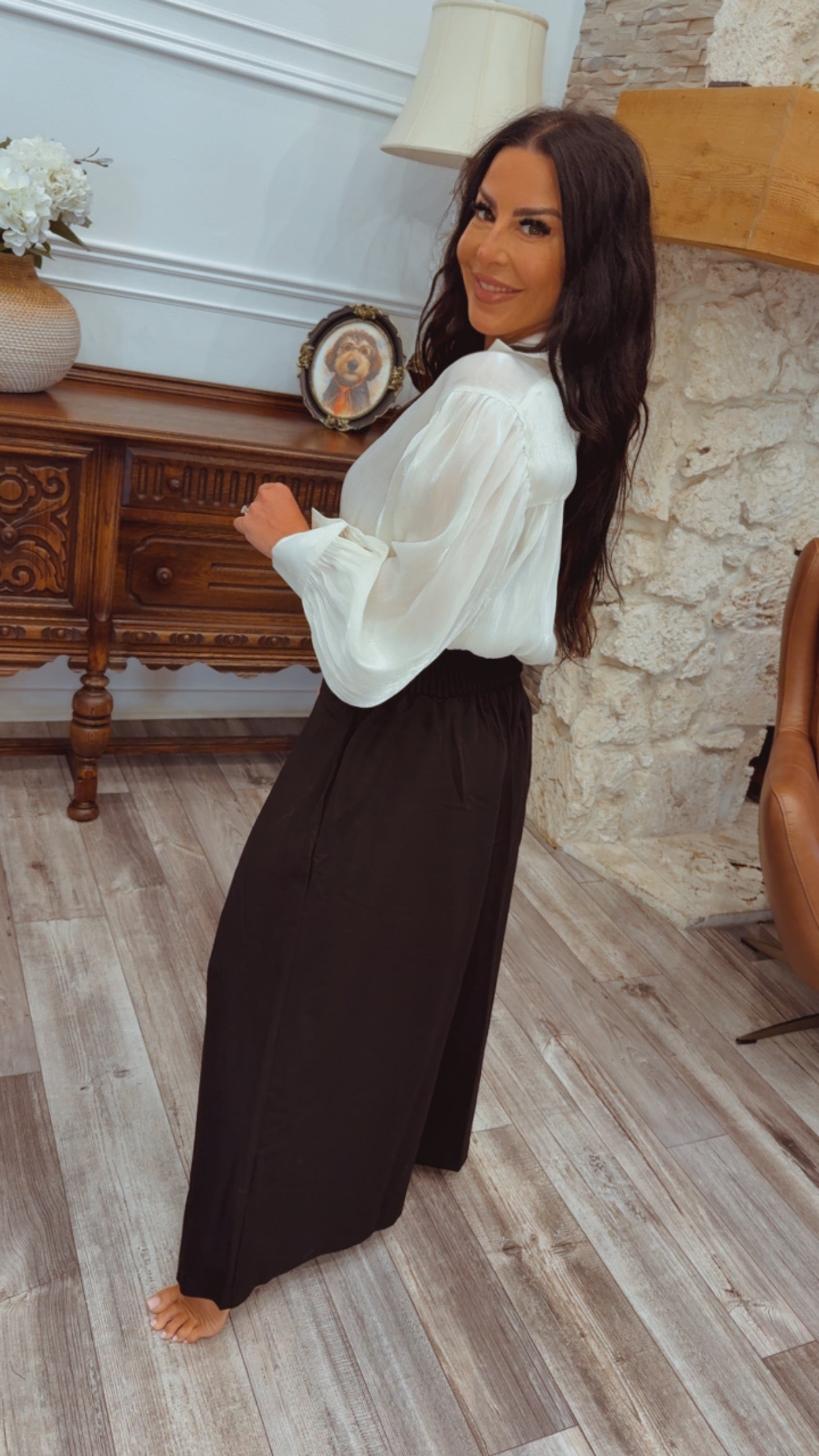 Cream Shimmering Collared Long Sleeve Top