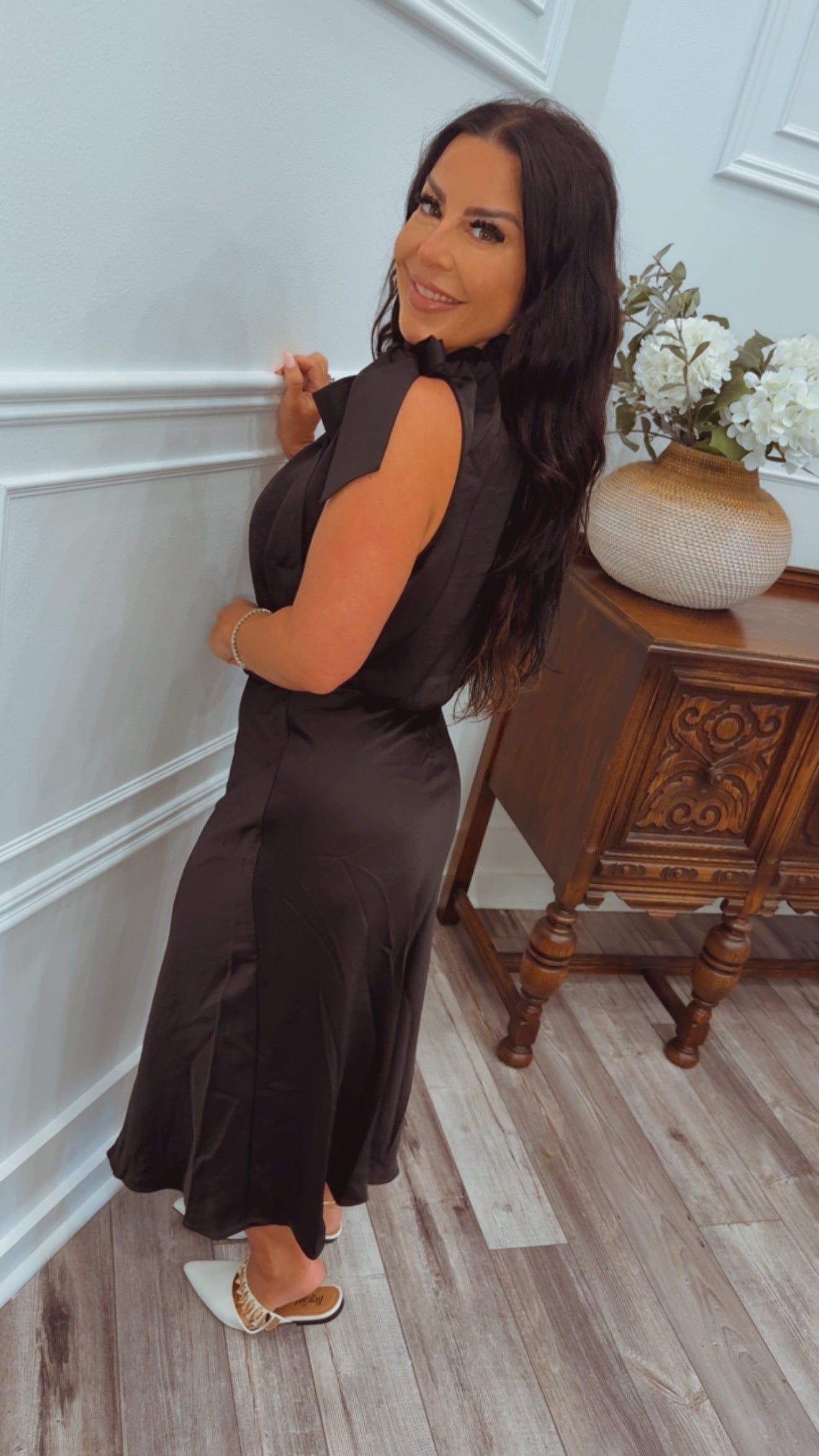 Black Neck Tie Silky Dress