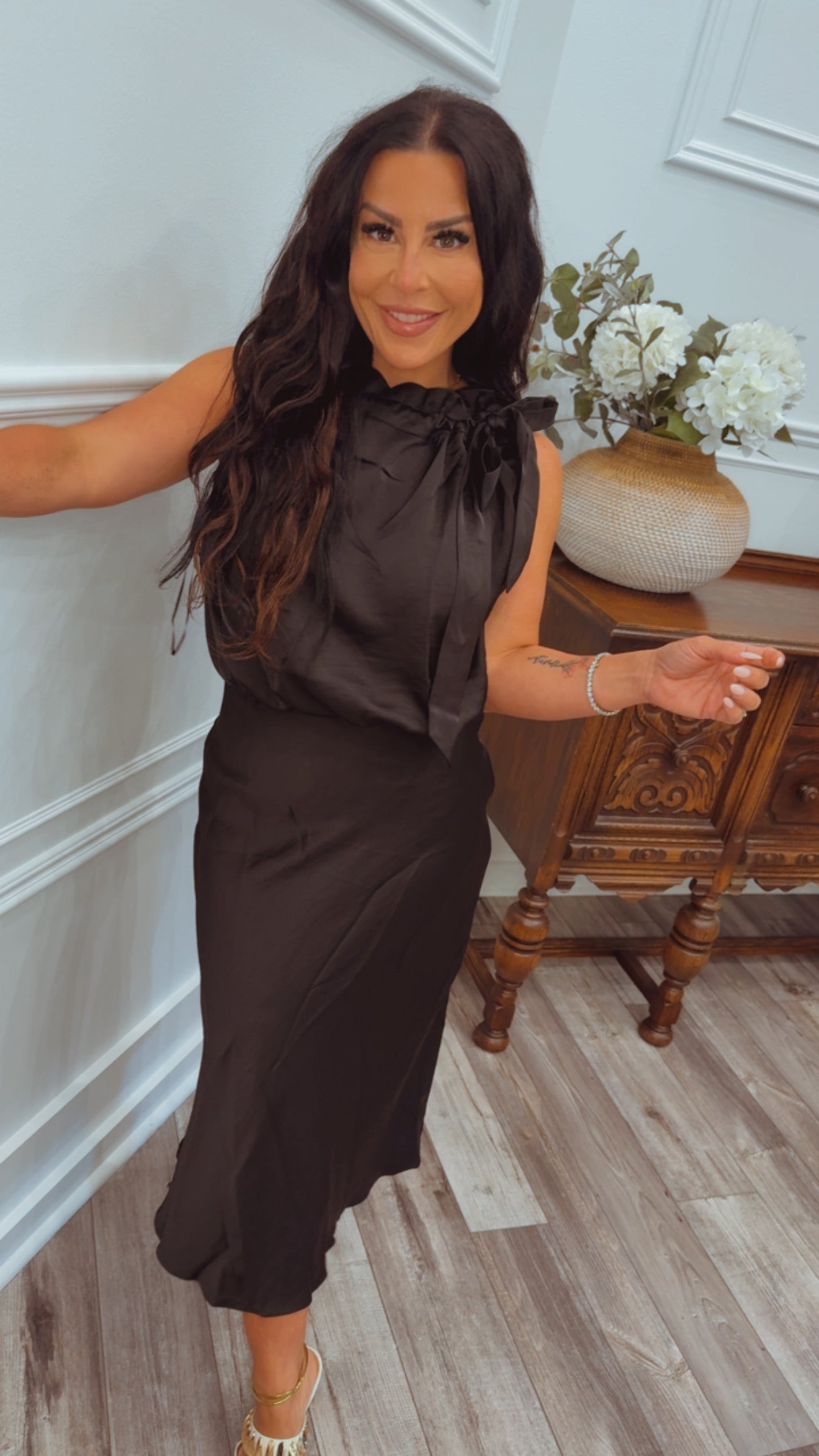 Black Neck Tie Silky Dress