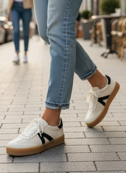 Chic Cream and Black Stripe Knit Mia Sneakers