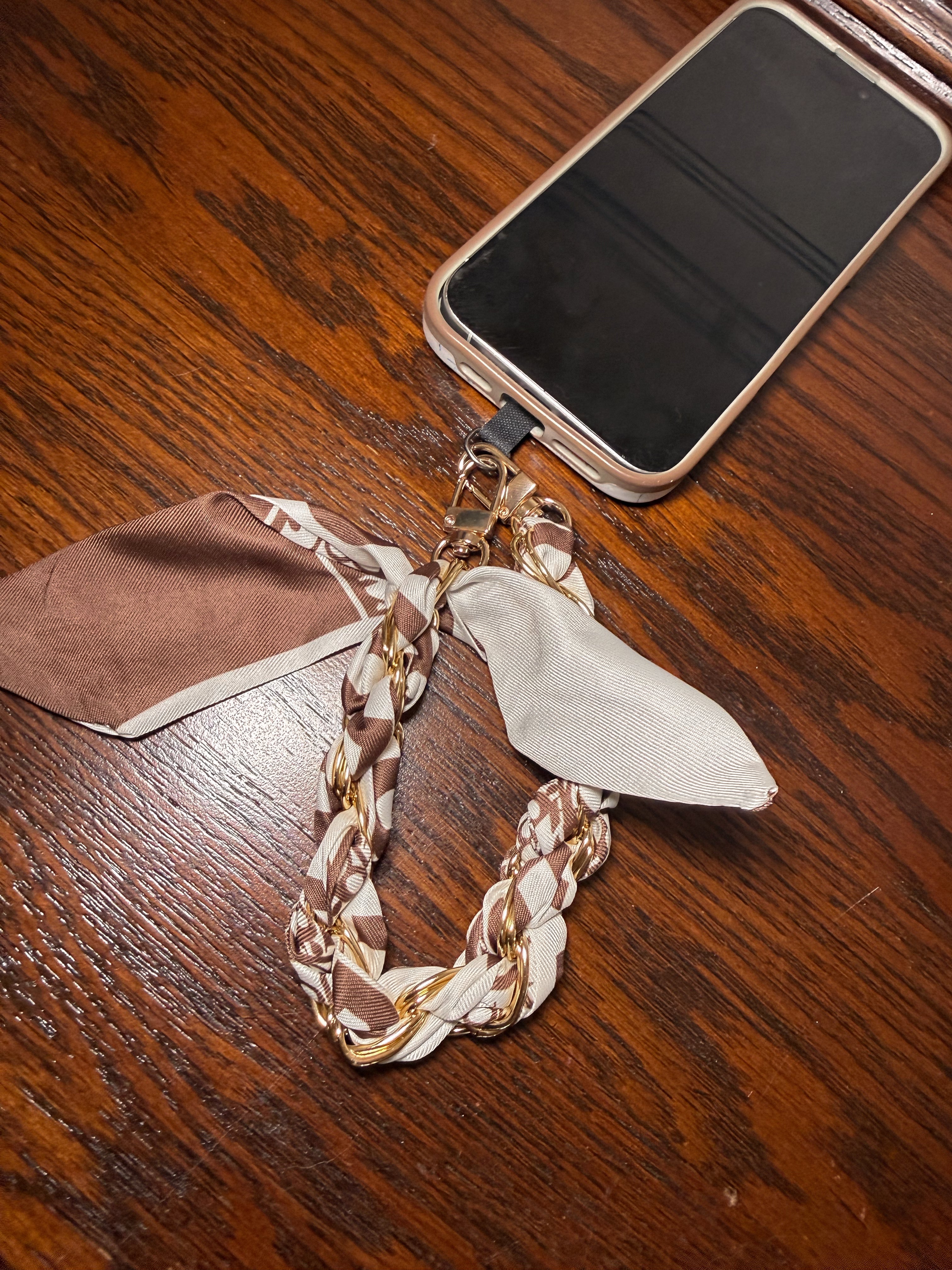 Brown Silk And Gold Phone Chain Wristlet