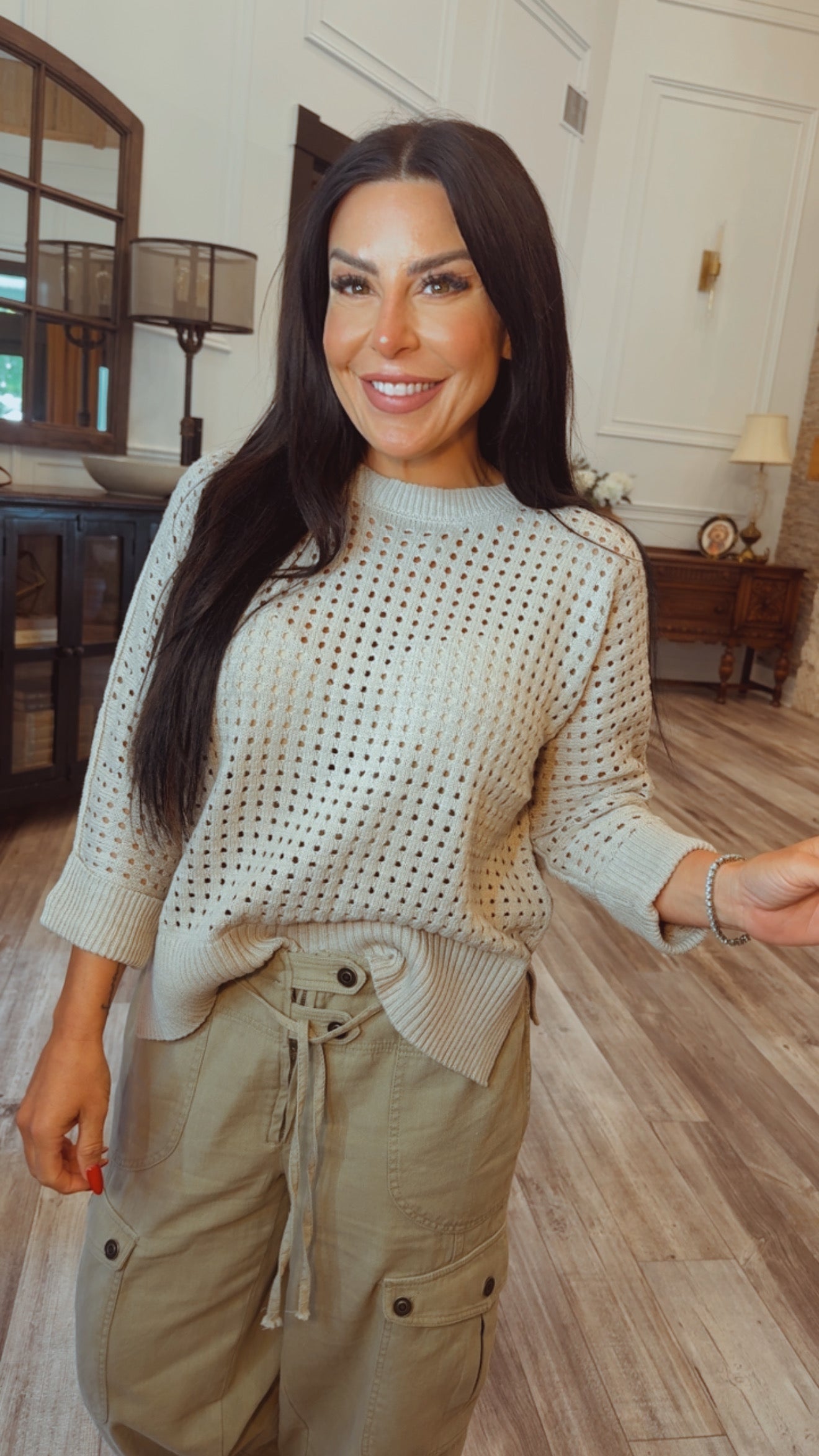Luxe Ultra Soft Stone  Camille and Co Crochet Knit Top