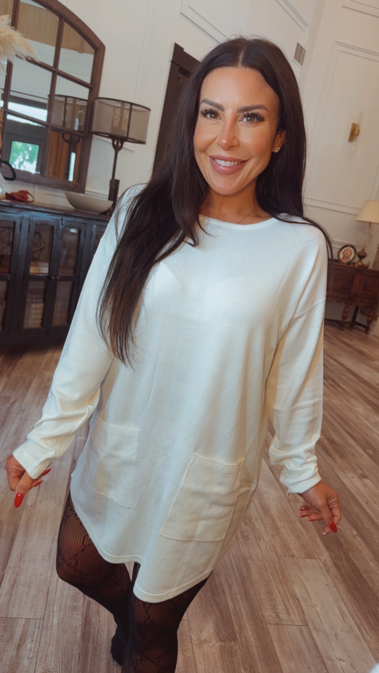 Luxe Ultra Soft Ivory Long Sleeve Two pocket Tunic Cardi  Camille and Co