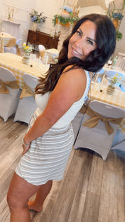 The Greii Chic White and Tan Striped Tank Romper