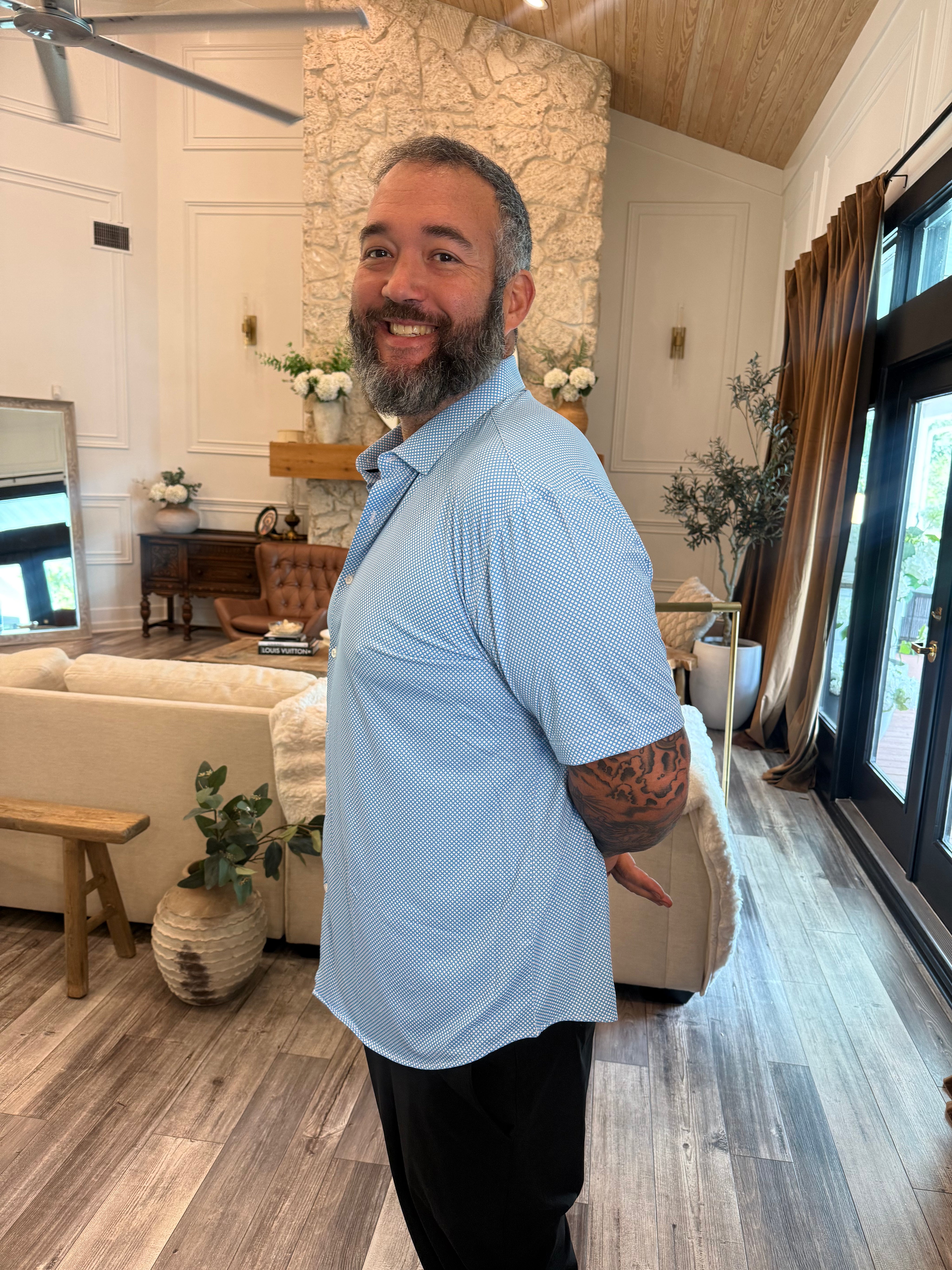 Mens Blue and White Button Up Luxe Top