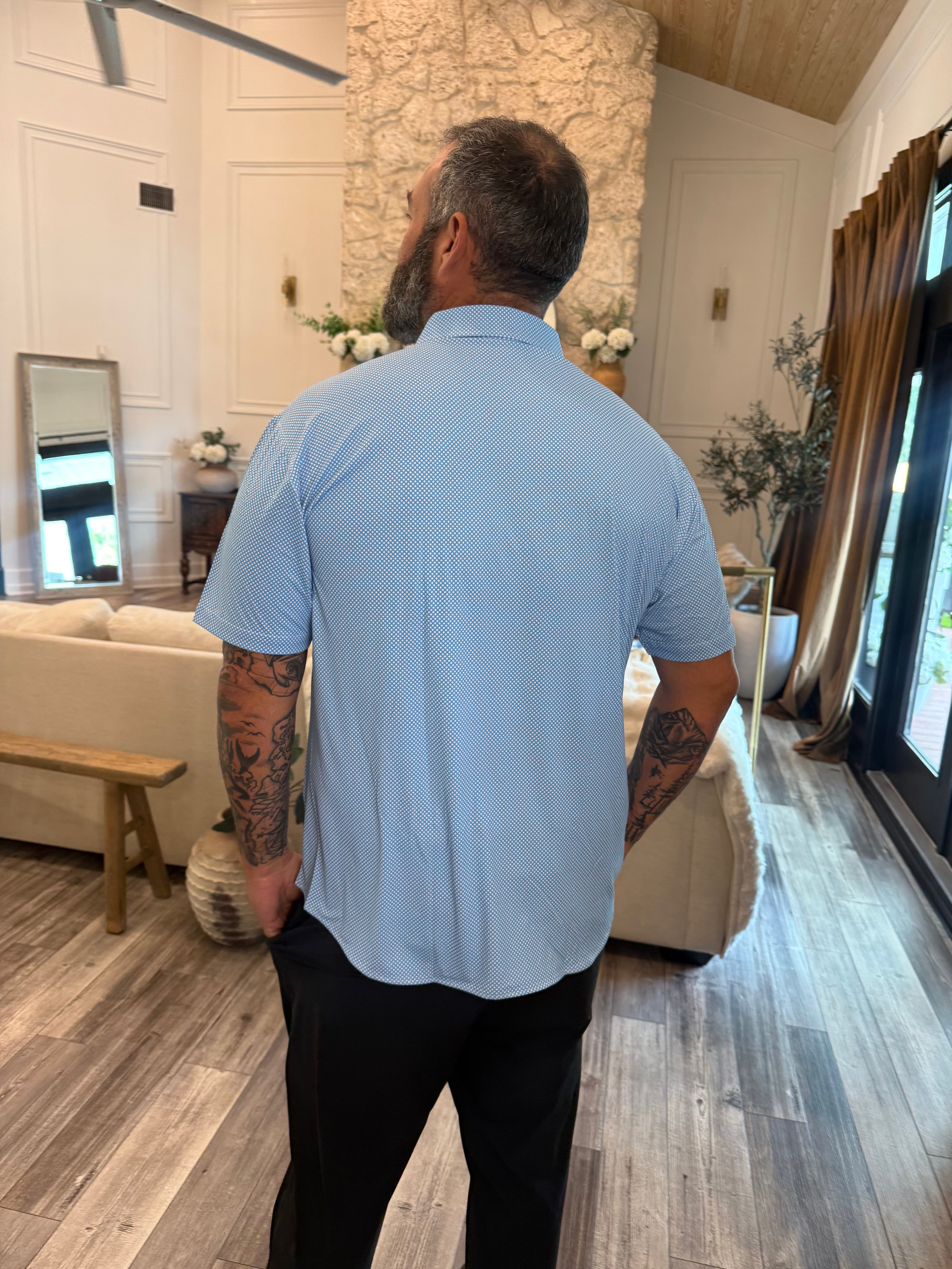 Mens Blue and White Button Up Luxe Top