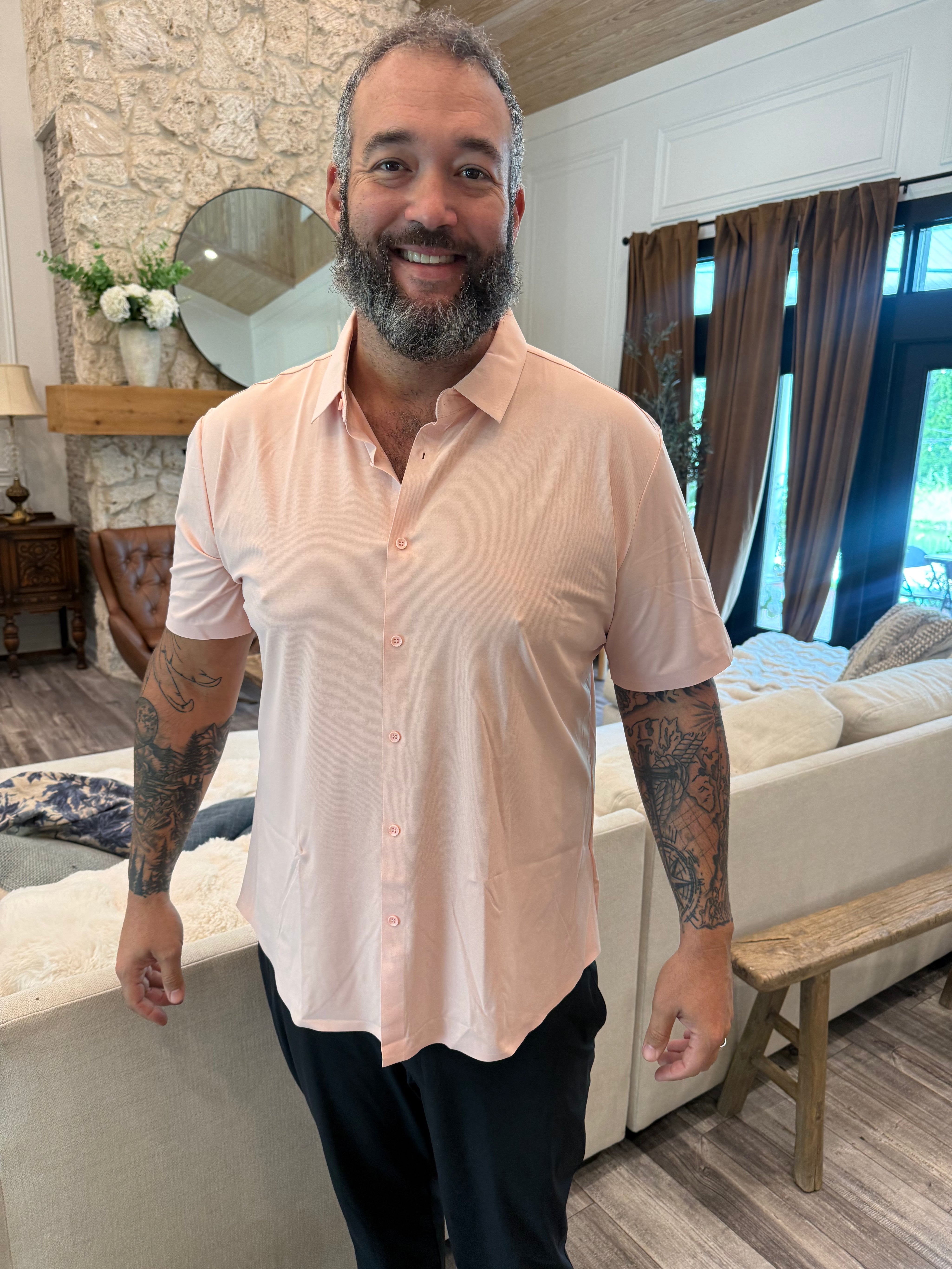 Mens Peach Button Up Luxe Top