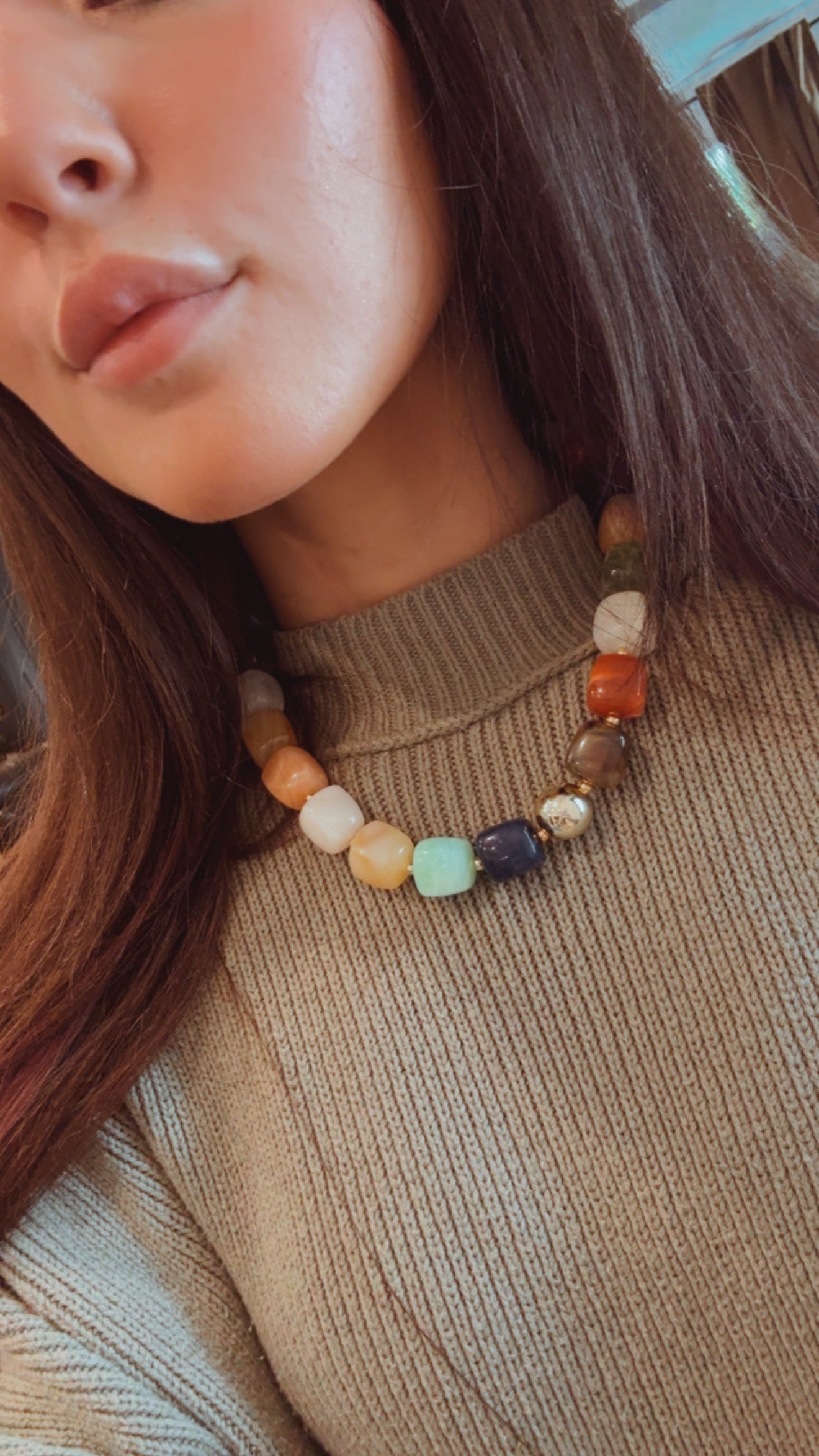 Multi Color Stone and Gold Pendant Necklace