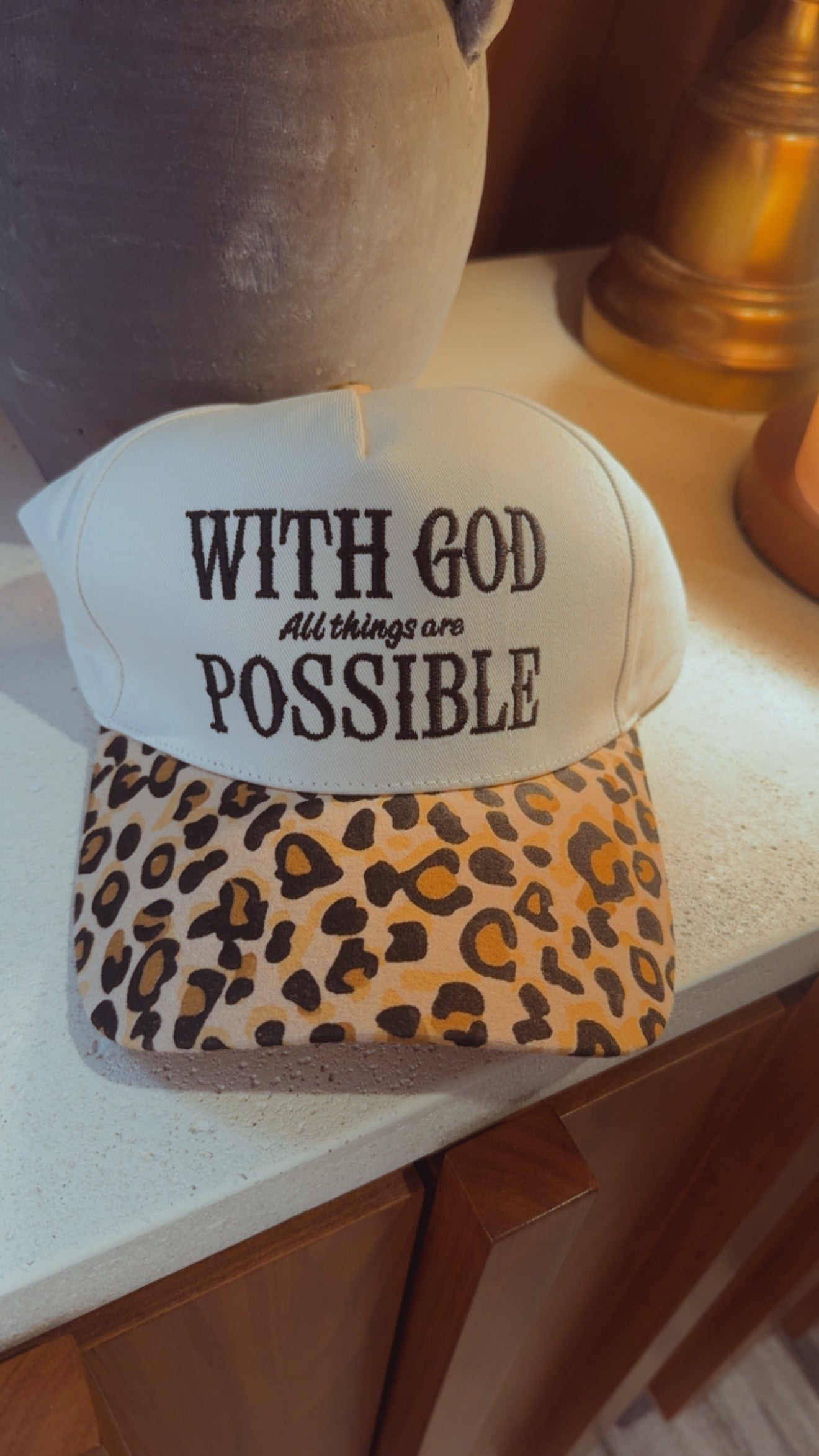 Beige And Cheetah With God All Things Are Possible Embriordered Hat