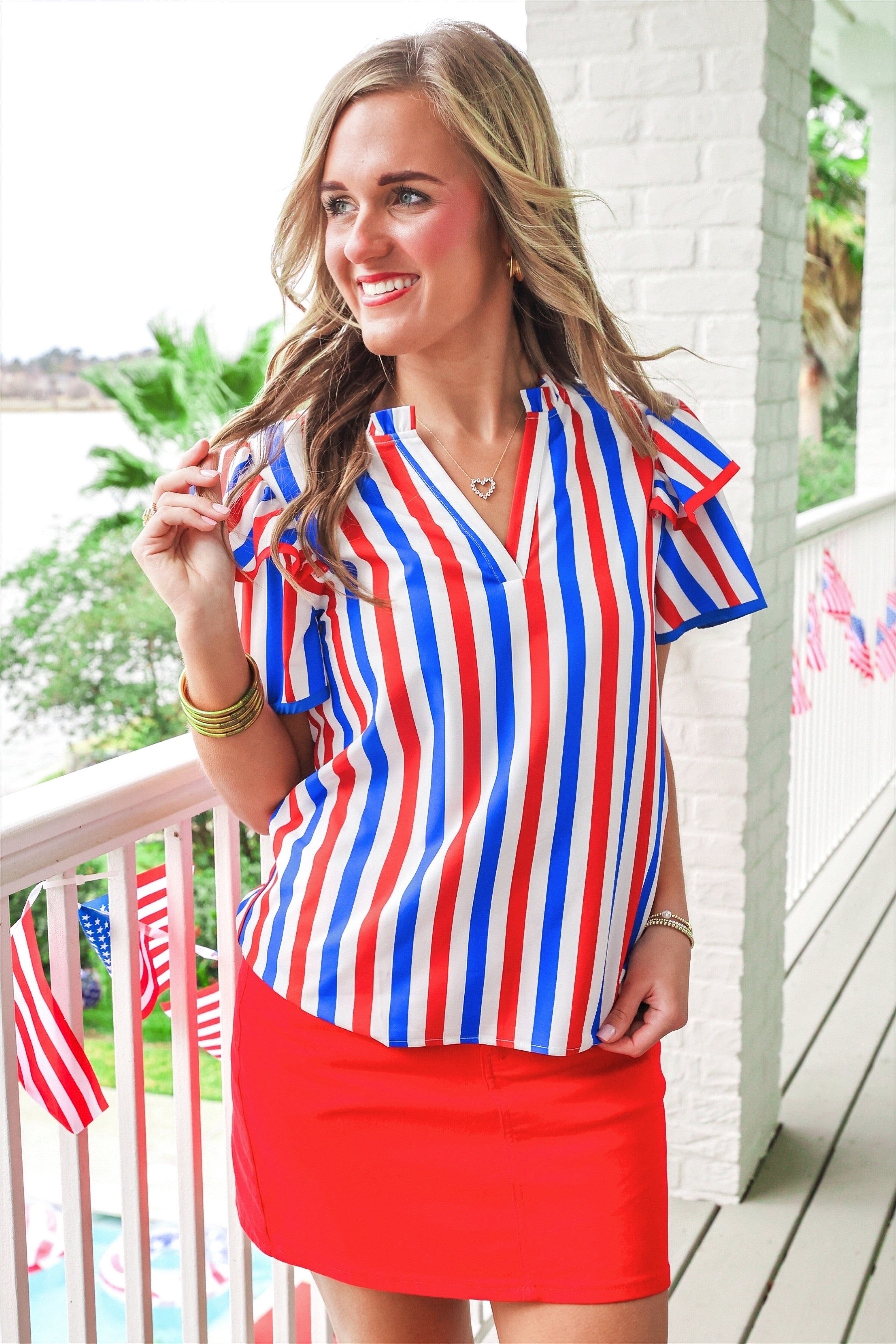 Kennedy Flutter Sleeve Blouse- Patriotic Stripes