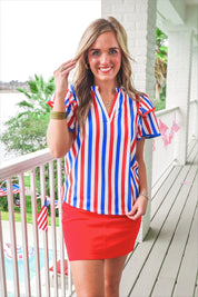 Kennedy Flutter Sleeve Blouse- Patriotic Stripes