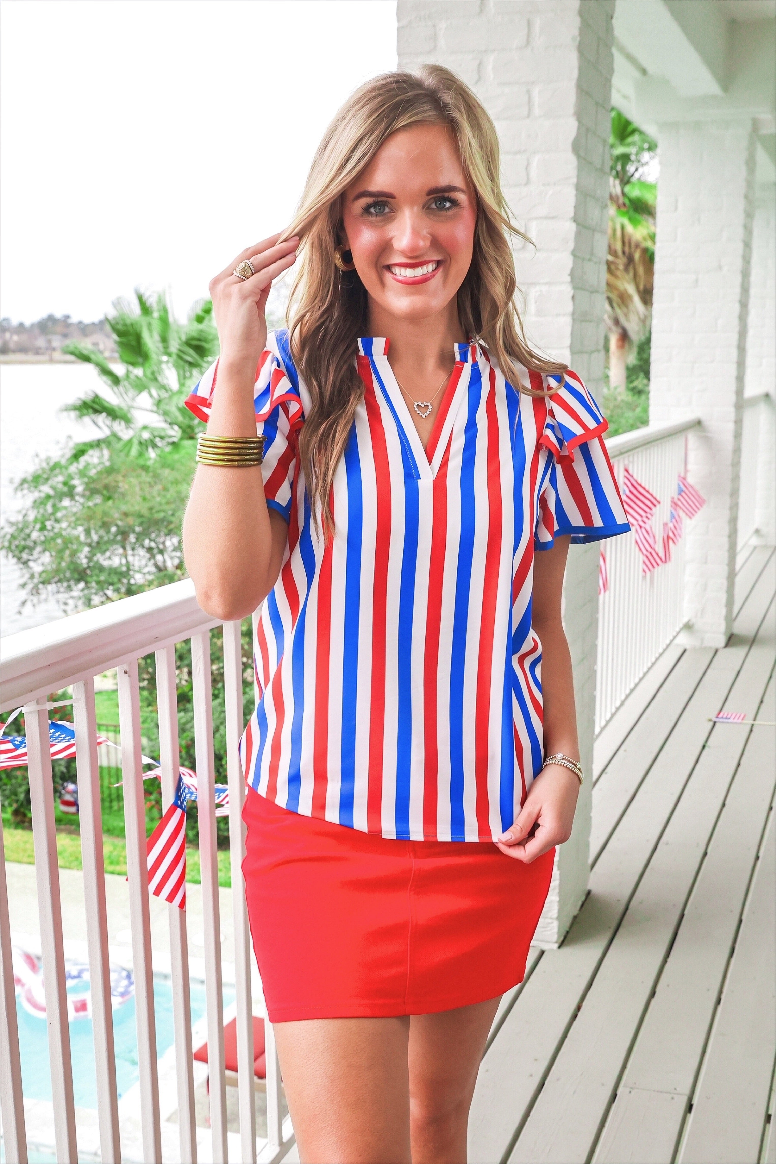 Kennedy Flutter Sleeve Blouse- Patriotic Stripes