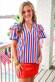 Kennedy Flutter Sleeve Blouse- Patriotic Stripes