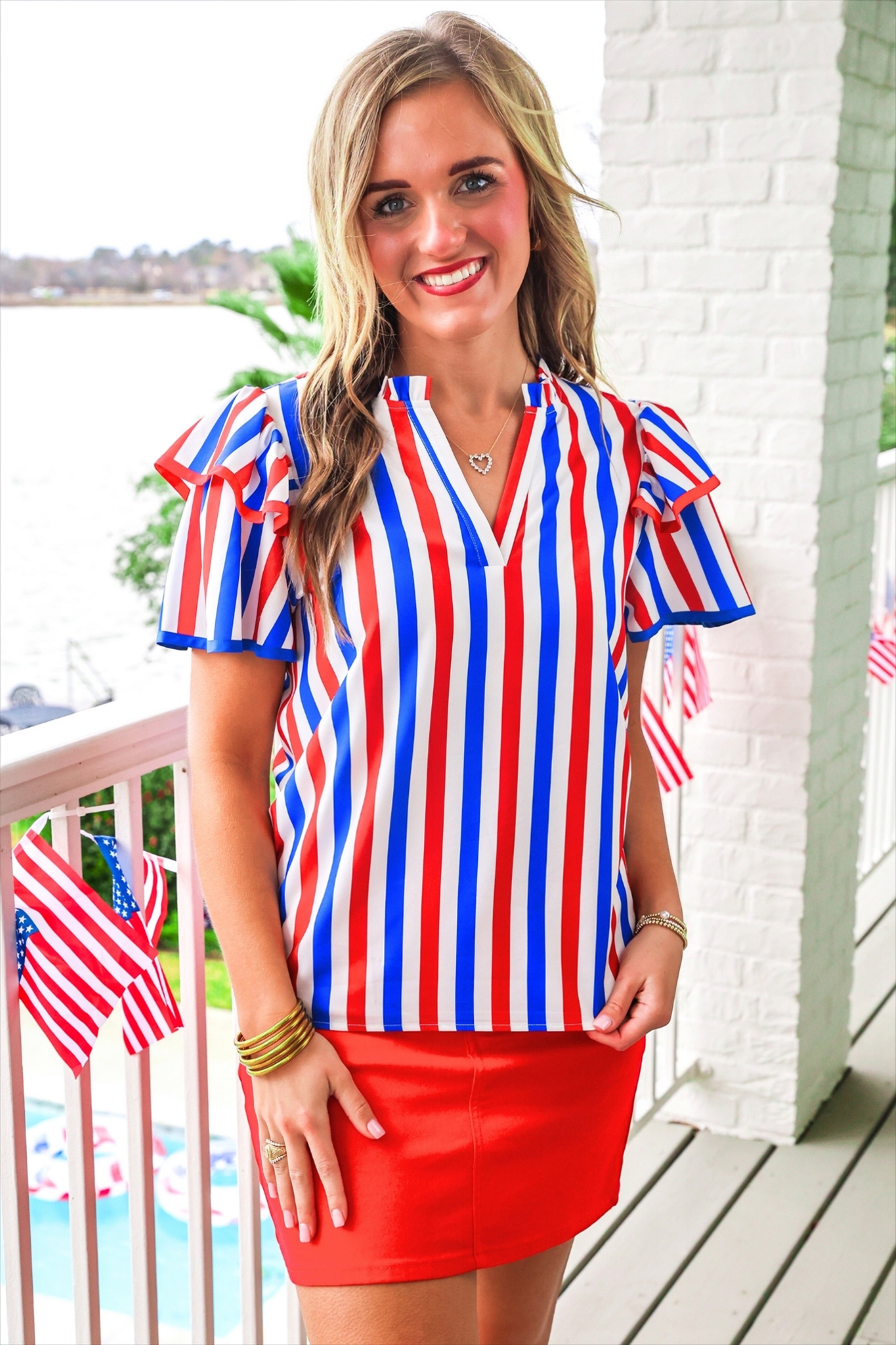 Kennedy Flutter Sleeve Blouse- Patriotic Stripes