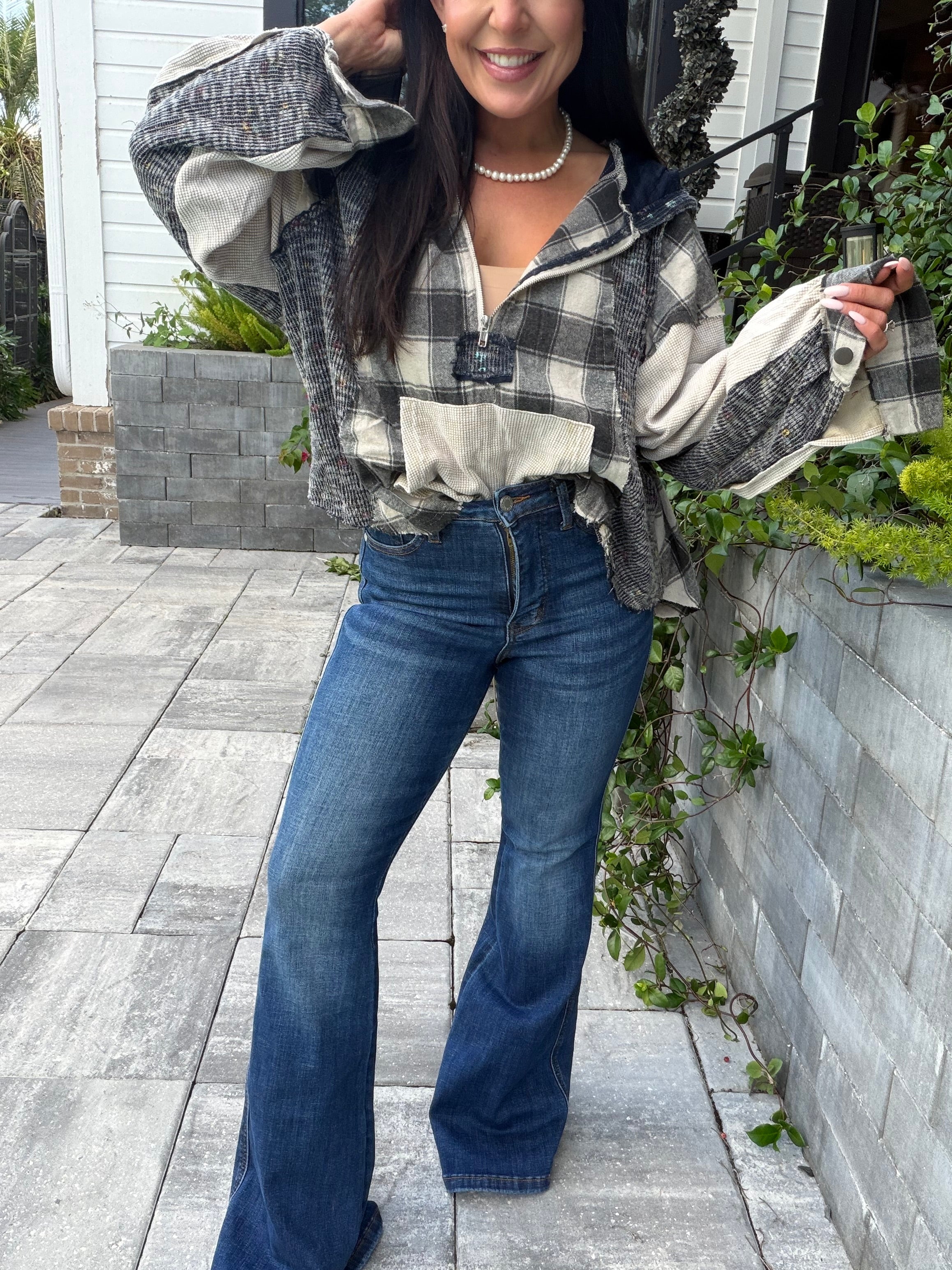 POL Beige PLaid Ballon Sleeve Hoddie