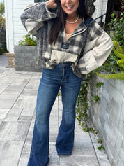 POL Beige PLaid Ballon Sleeve Hoddie