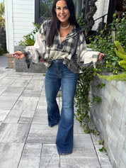 POL Beige PLaid Ballon Sleeve Hoddie