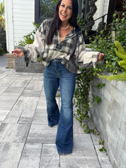 POL Beige PLaid Ballon Sleeve Hoddie